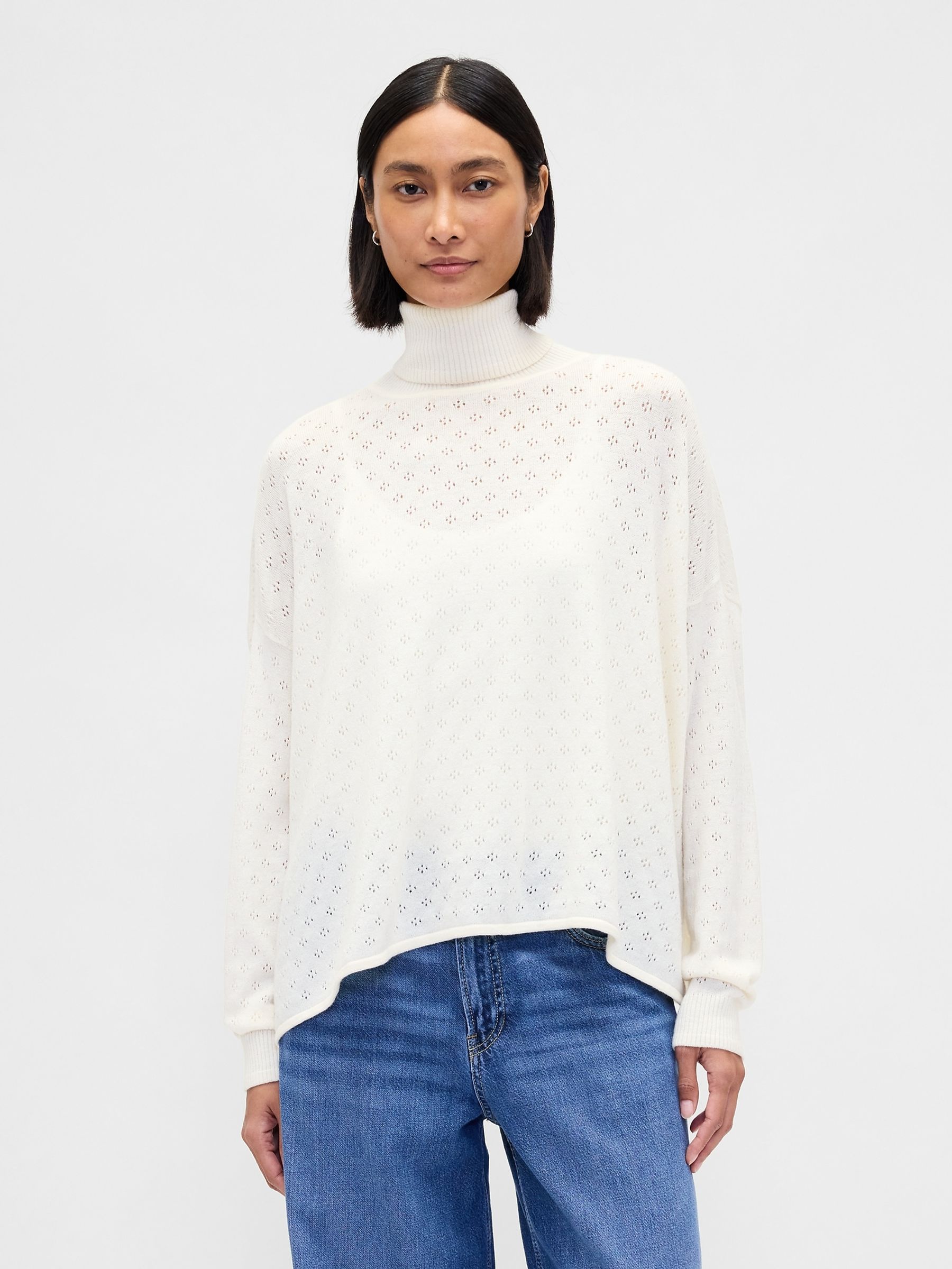 White Oversized Pointelle Turtle Neck Jumper - Image 1 of 4
