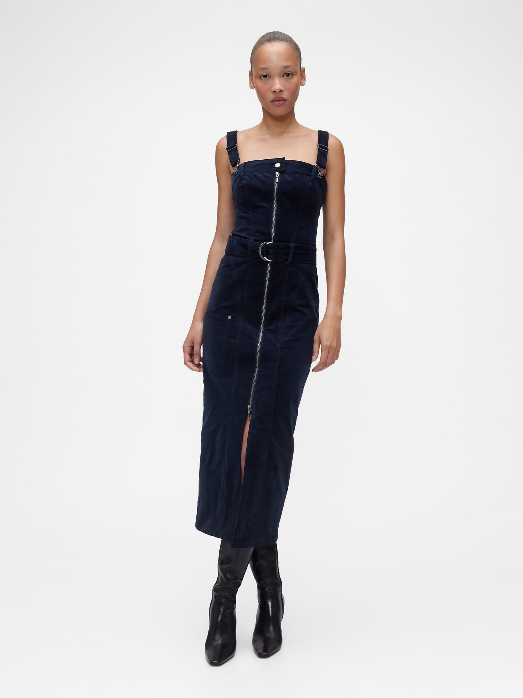GapStudio Navy Blue Corduroy Belted Midi Dress - Image 1 of 5
