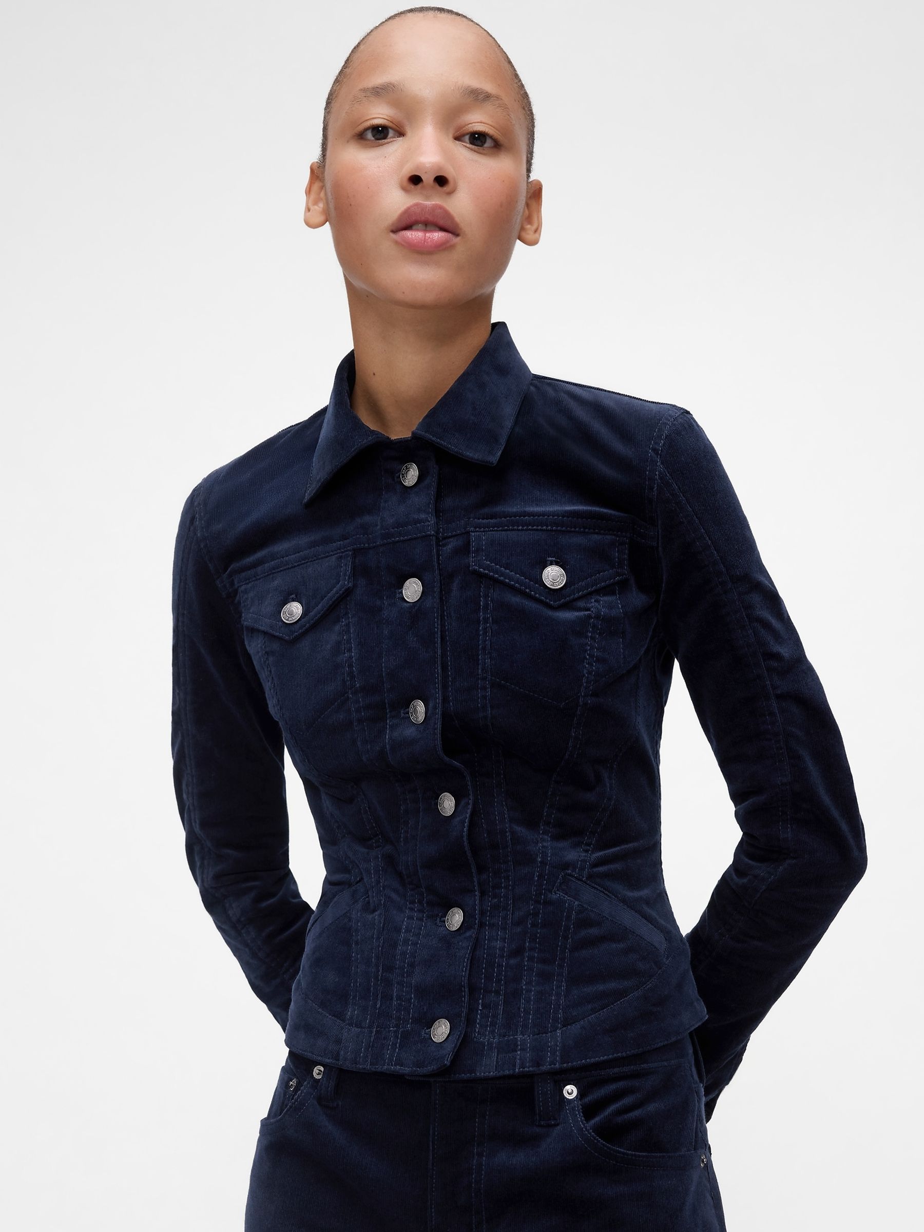 GapStudio Navy Blue Fitted Icon Corduroy Jacket - Image 1 of 5