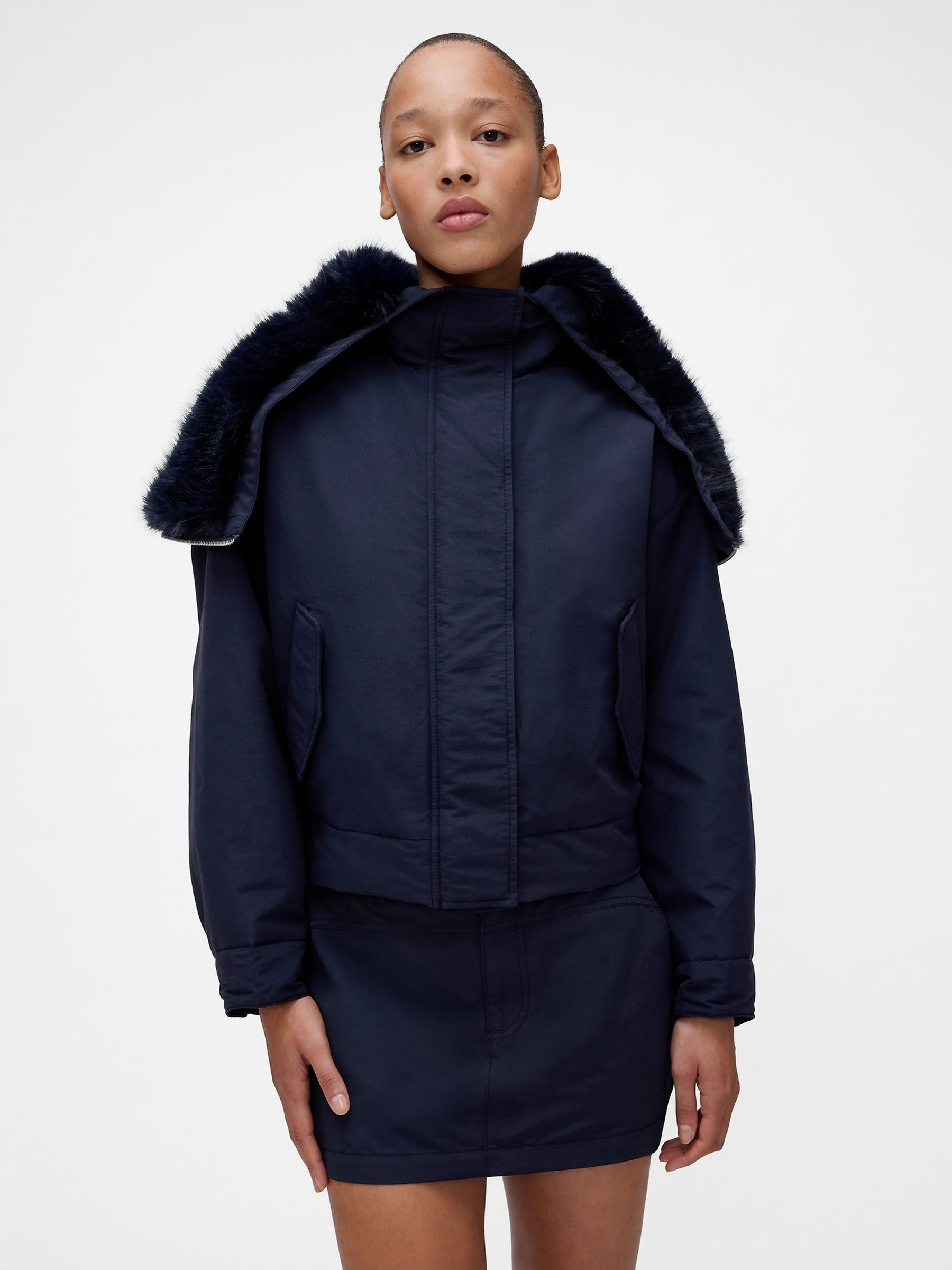 GapStudio Blue Faux Fur-Lined Crop Bomber Jacket | Gap