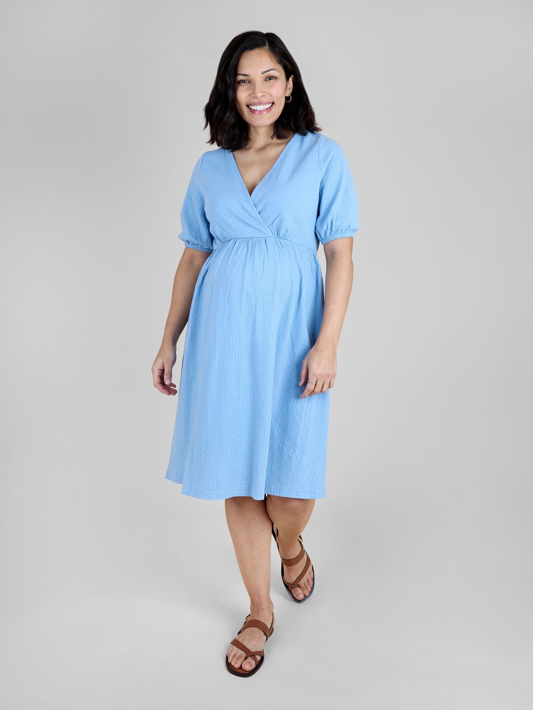 Light Blue Seersucker Puff Sleeve Maternity Mini Dress - Image 1 of 5