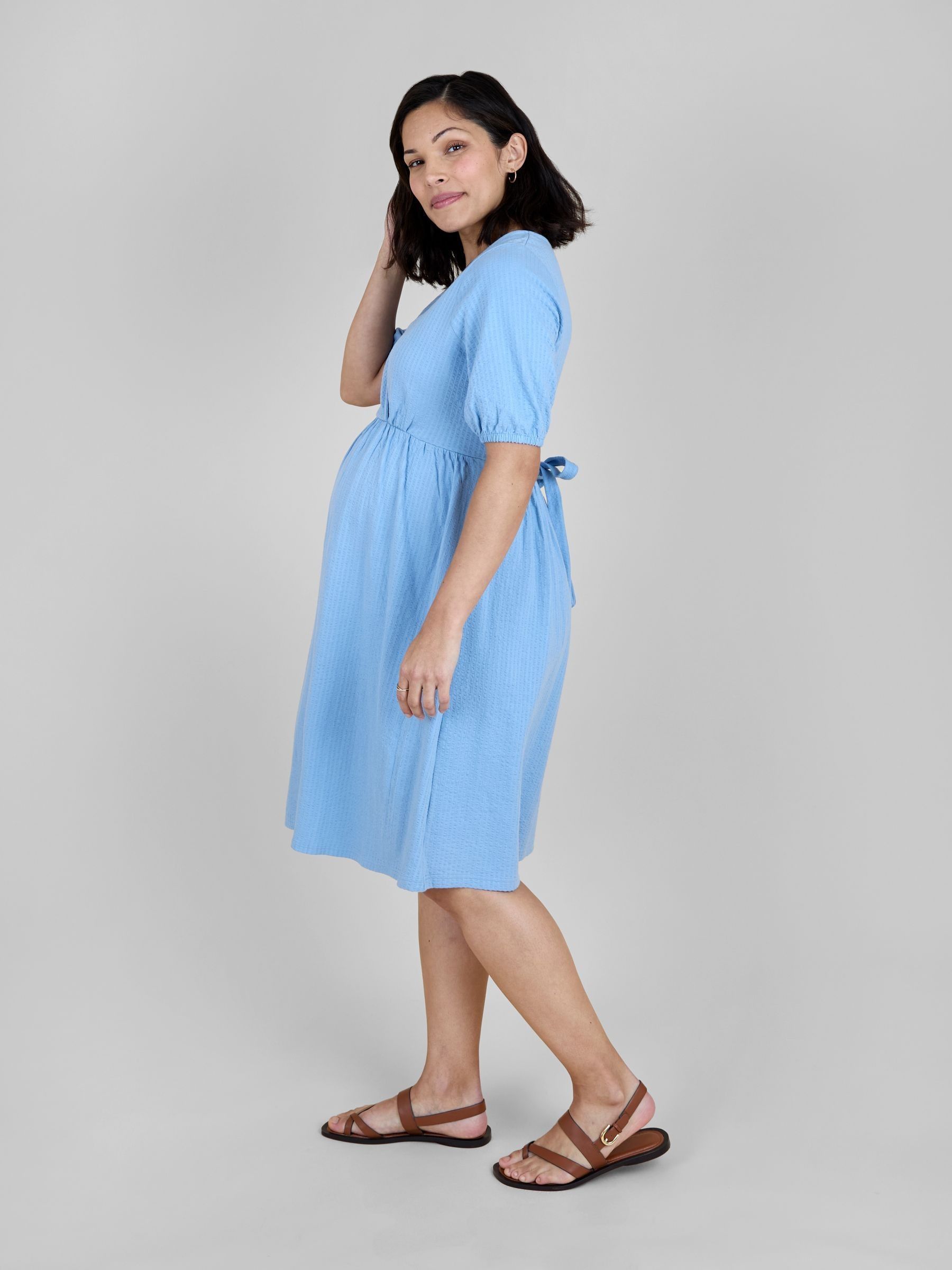 Light Blue Seersucker Puff Sleeve Maternity Mini Dress - Image 2 of 5