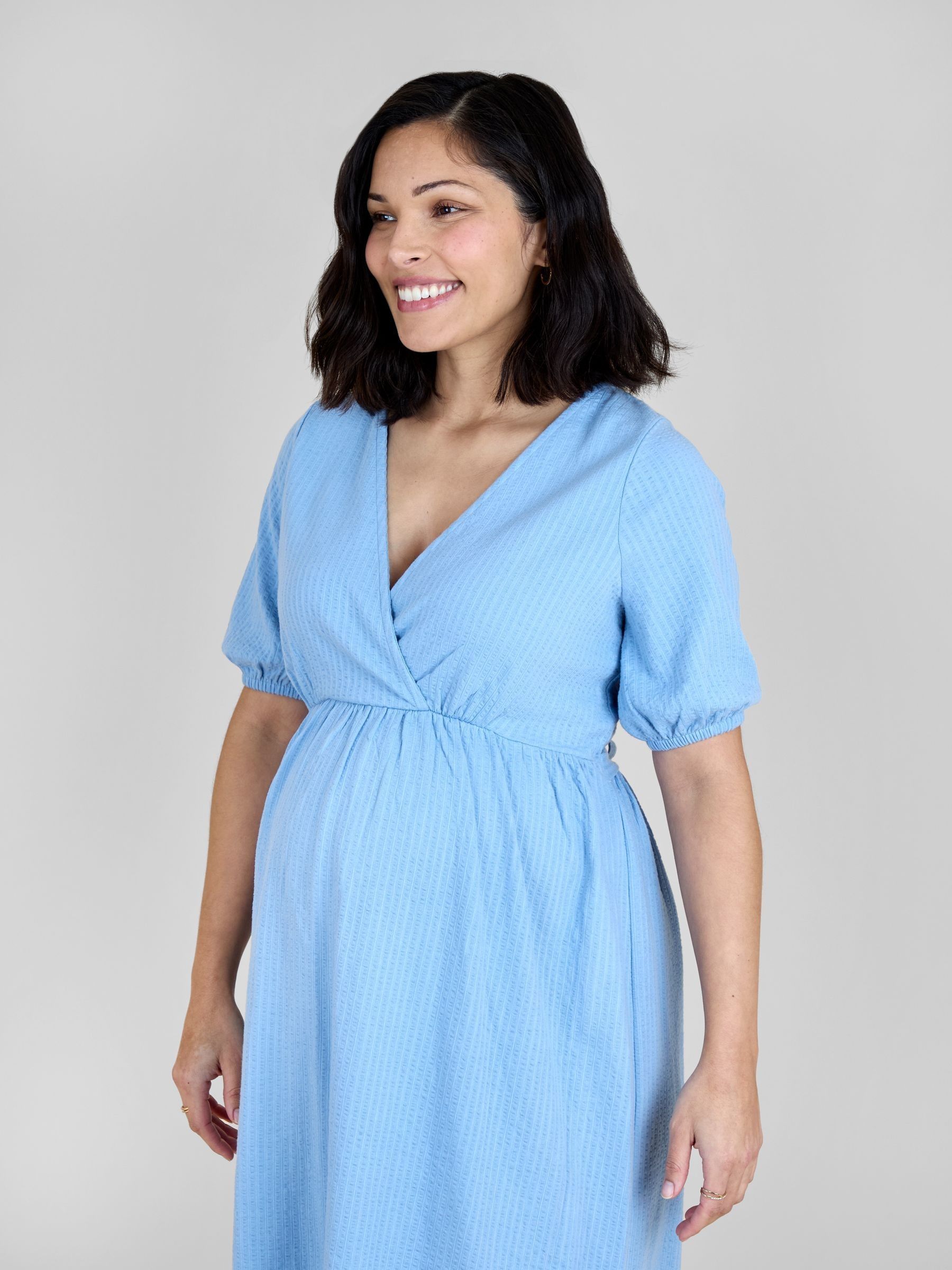 Light Blue Seersucker Puff Sleeve Maternity Mini Dress - Image 4 of 5