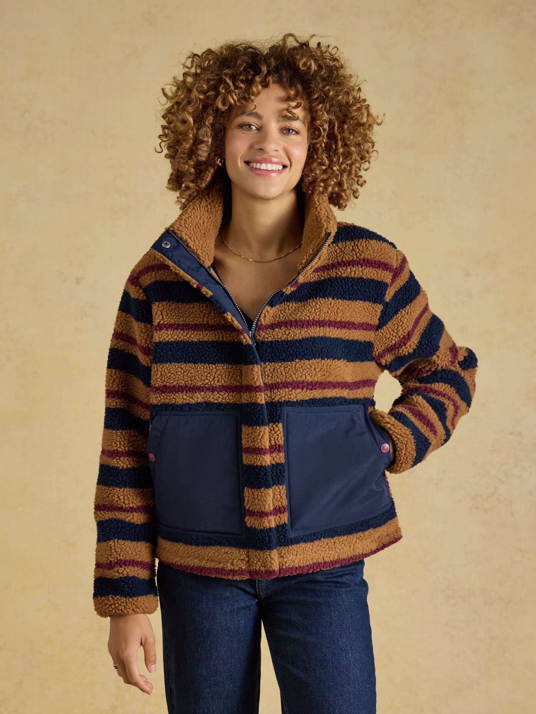 Lottie Tan Brown Stripe Zip Through Borg Fleece - Image 1 of 9