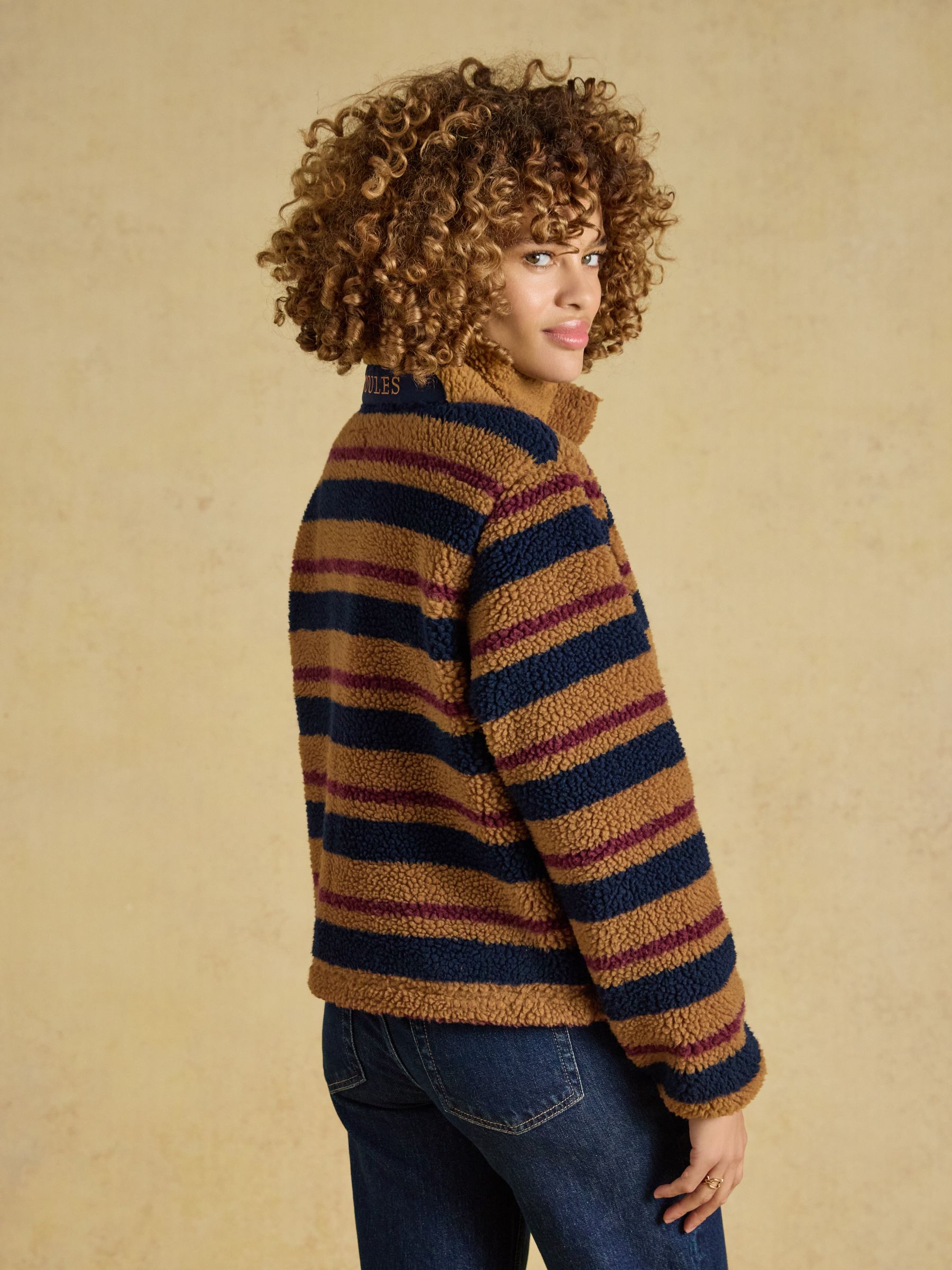 Lottie Tan Brown Stripe Zip Through Borg Fleece - Image 2 of 9