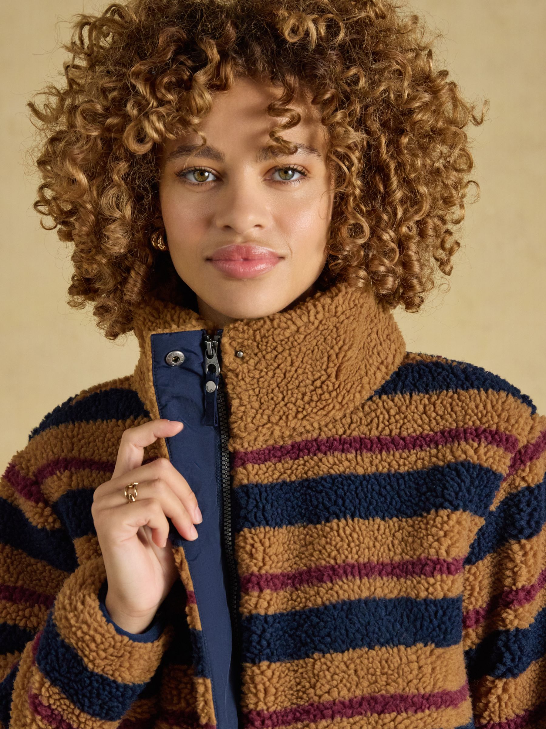 Lottie Tan Brown Stripe Zip Through Borg Fleece - Image 3 of 9