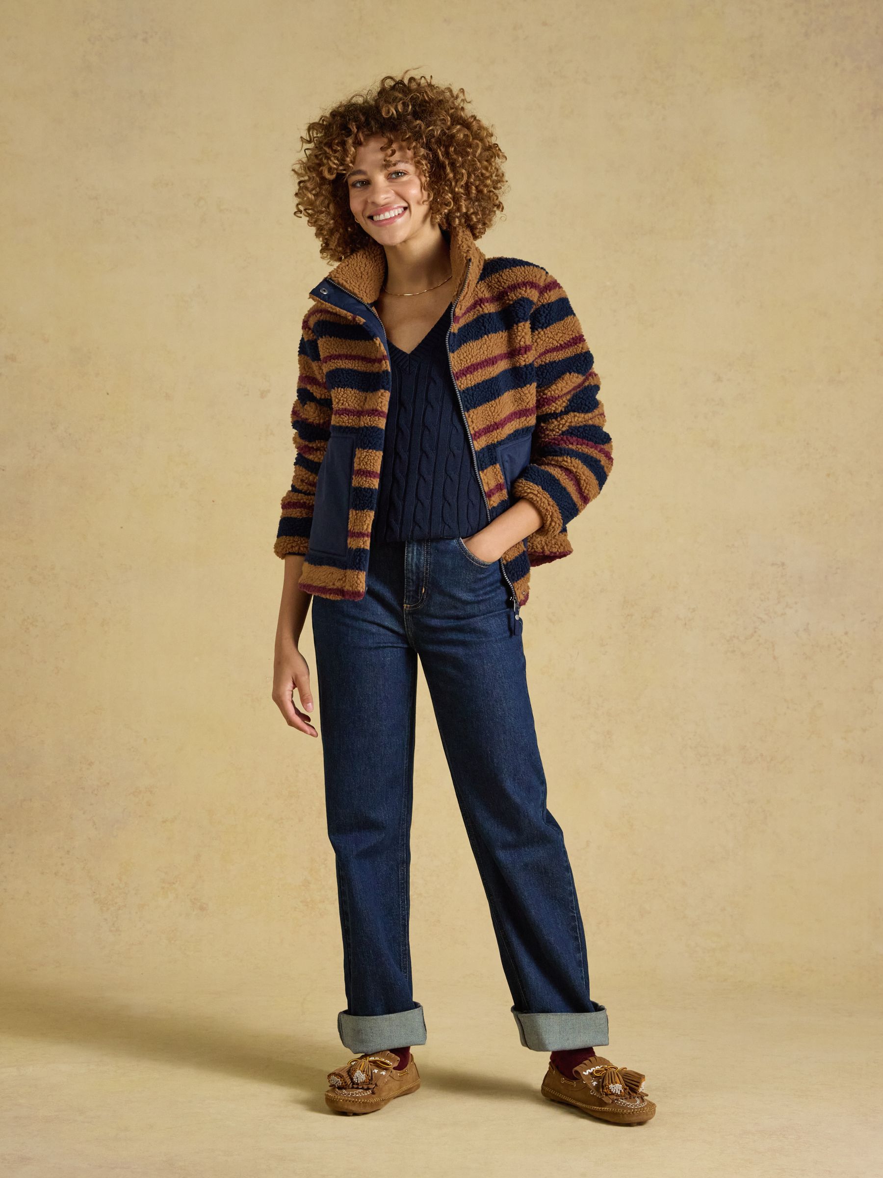 Lottie Tan Brown Stripe Zip Through Borg Fleece - Image 4 of 9