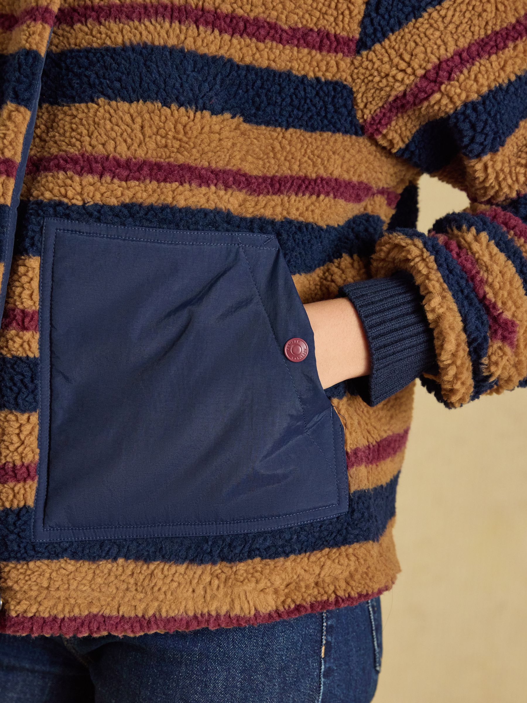 Lottie Tan Brown Stripe Zip Through Borg Fleece - Image 5 of 9