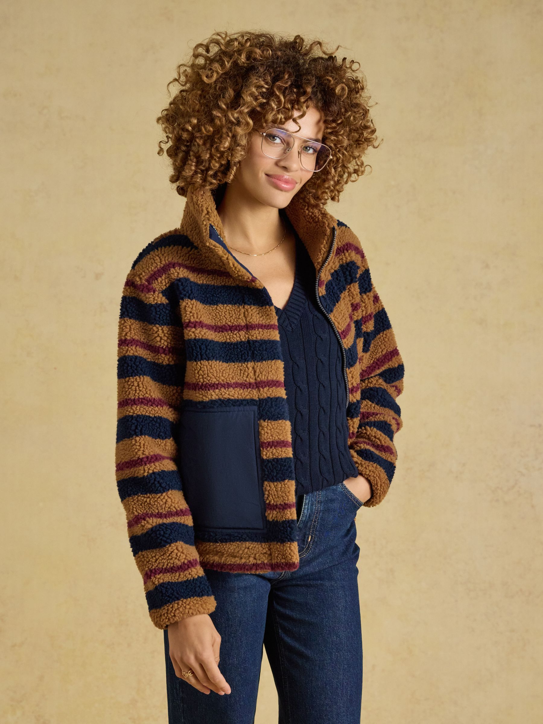 Lottie Tan Brown Stripe Zip Through Borg Fleece - Image 6 of 9