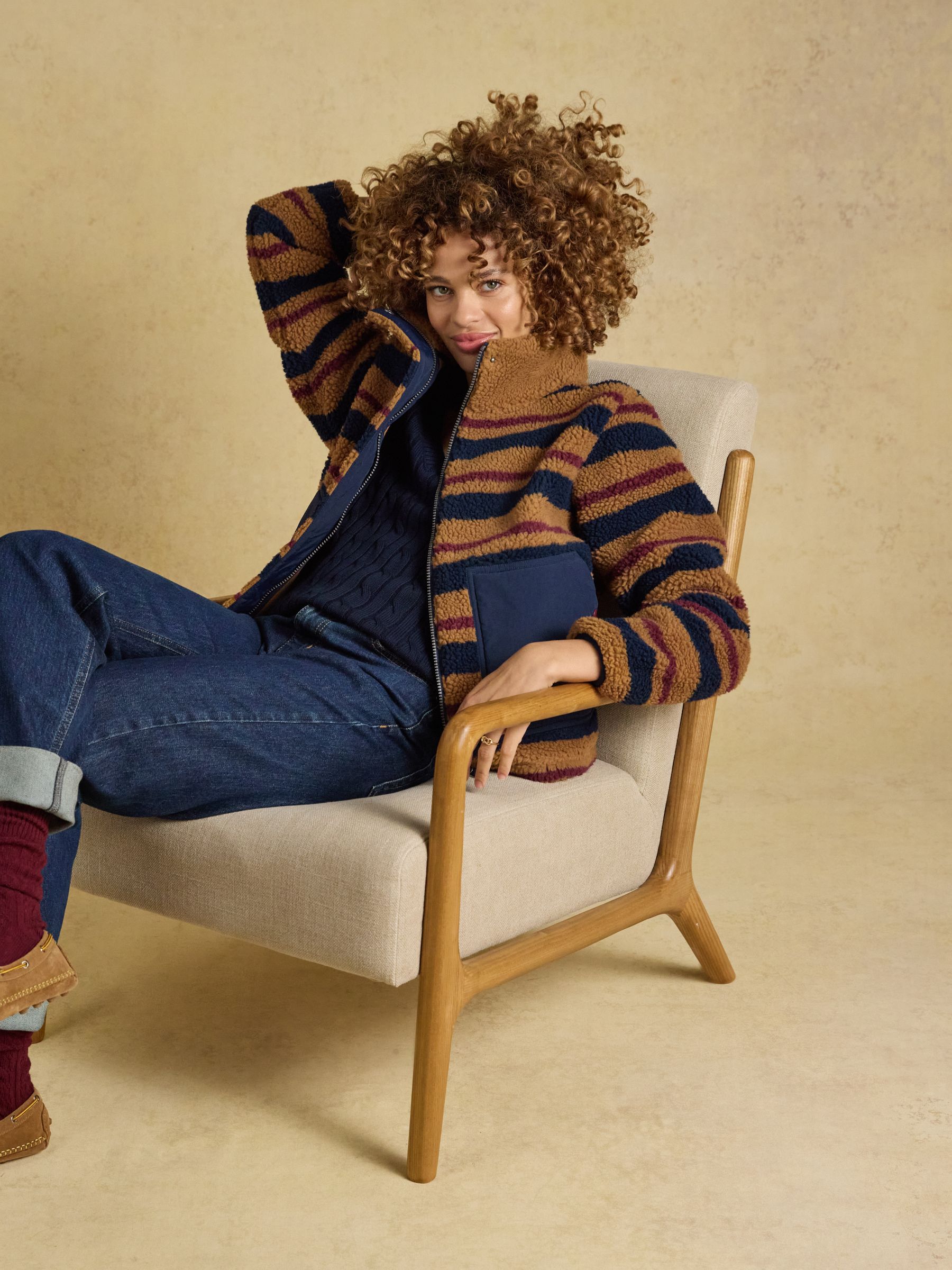 Lottie Tan Brown Stripe Zip Through Borg Fleece - Image 8 of 9