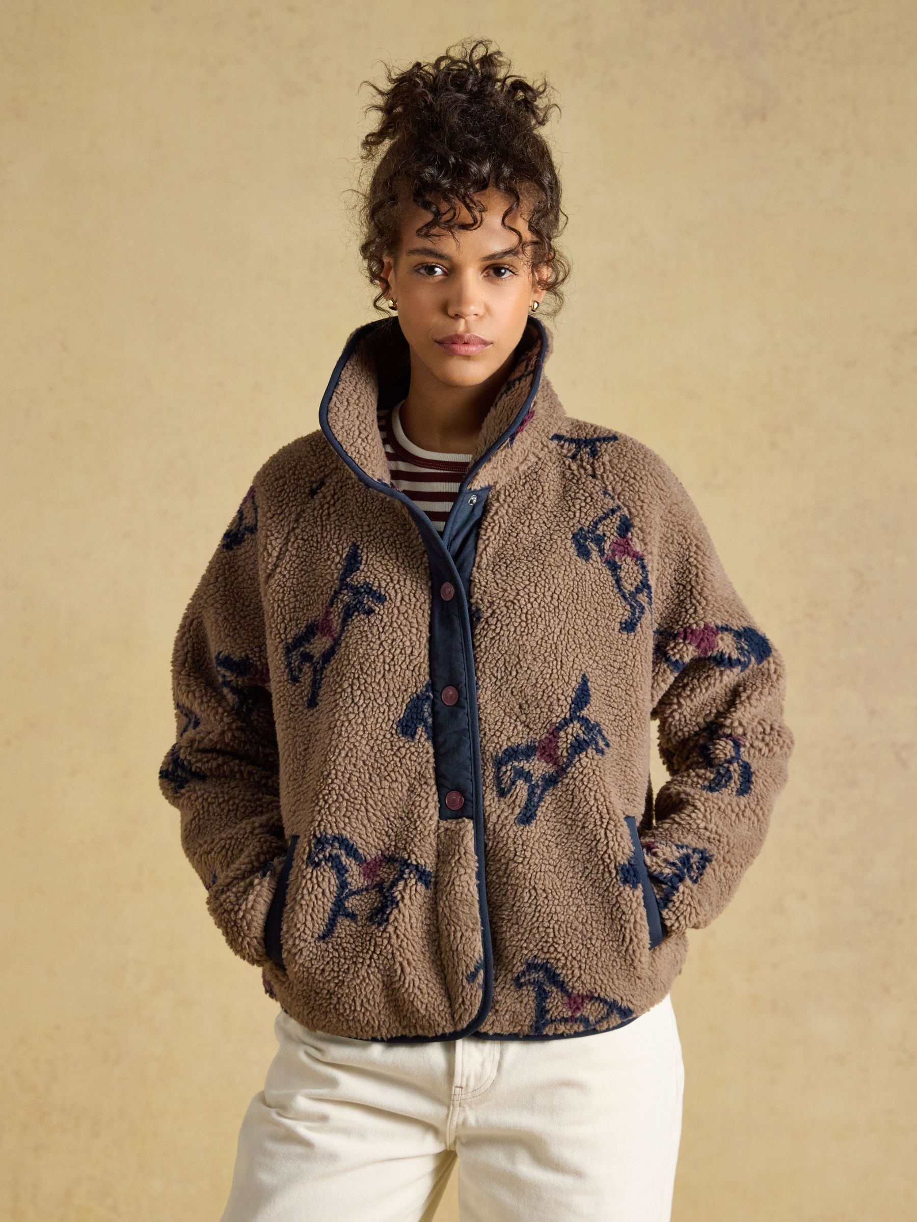 Joules Mink Brown Horse Print Borg Fleece Jacket - Image 1 of 9