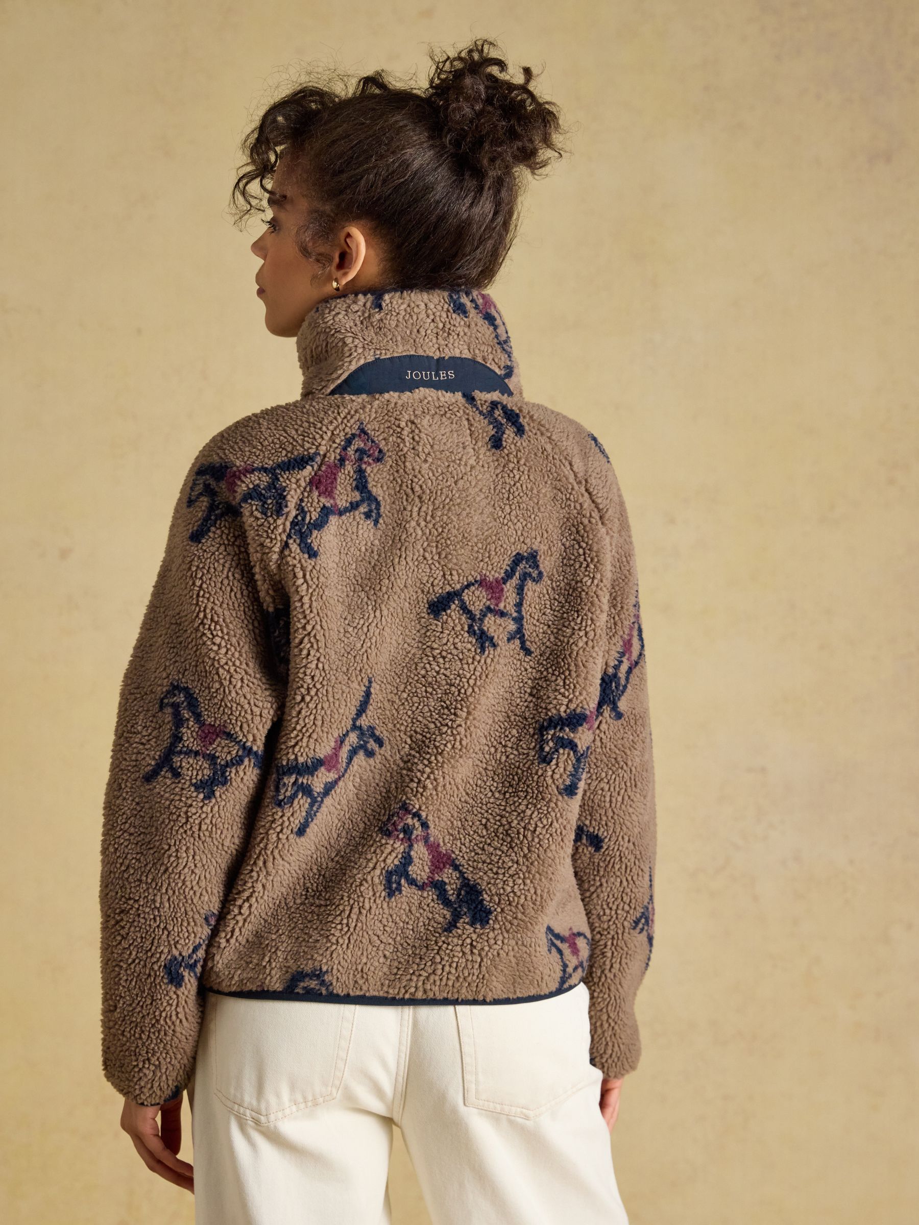 Joules Mink Brown Horse Print Borg Fleece Jacket - Image 2 of 9
