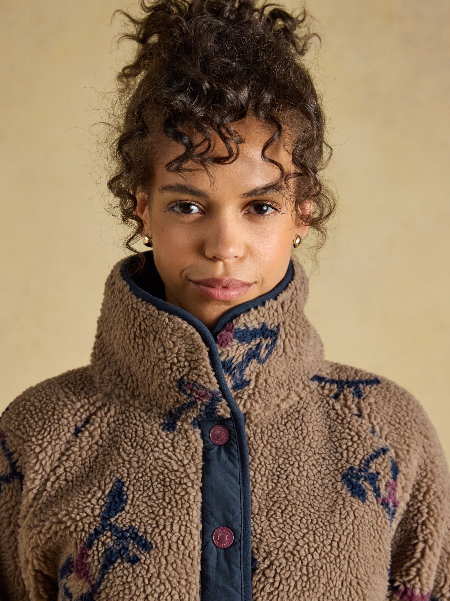Joules Mink Brown Horse Print Borg Fleece Jacket - Image 5 of 9