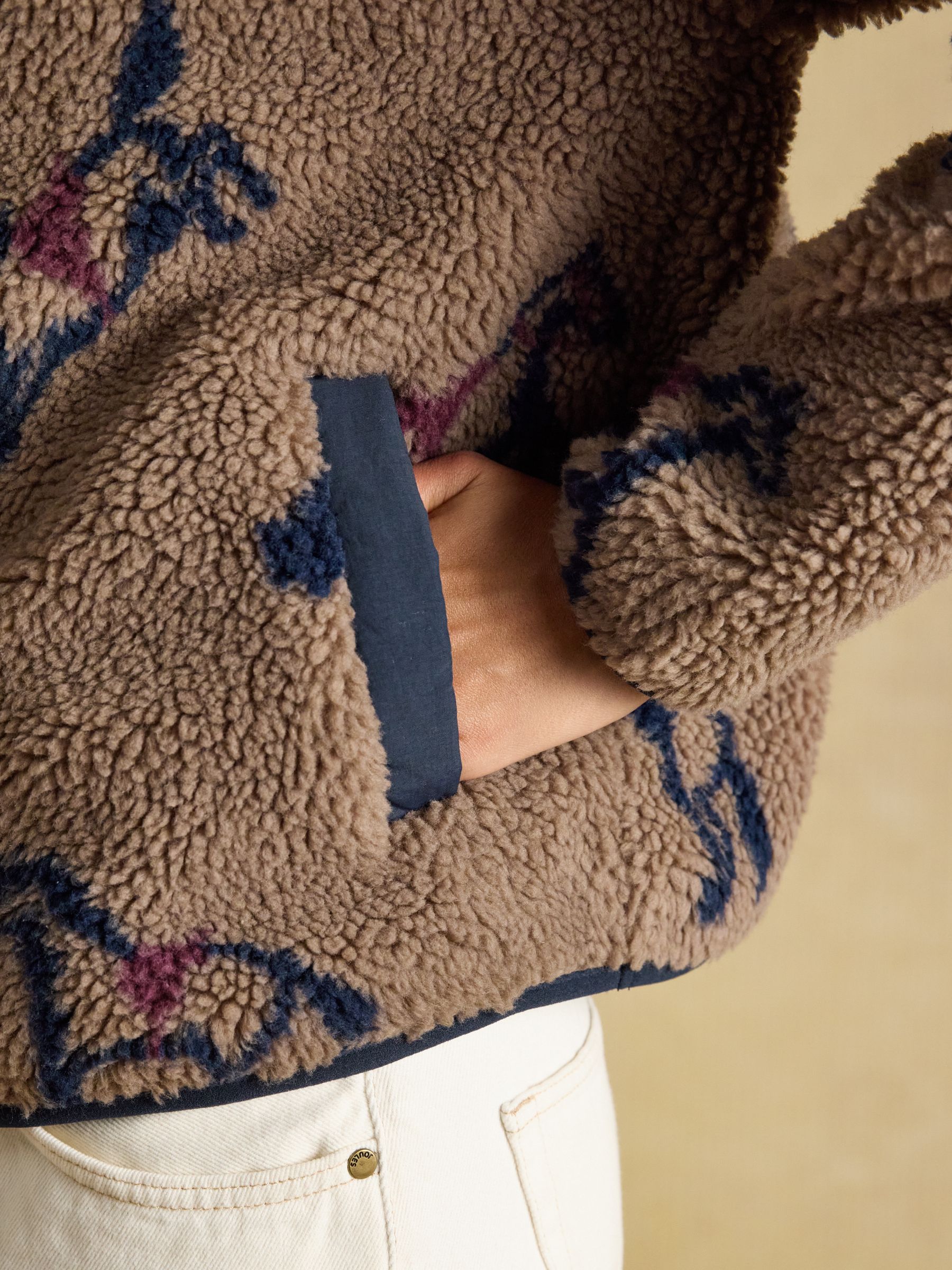 Joules Mink Brown Horse Print Borg Fleece Jacket - Image 6 of 9