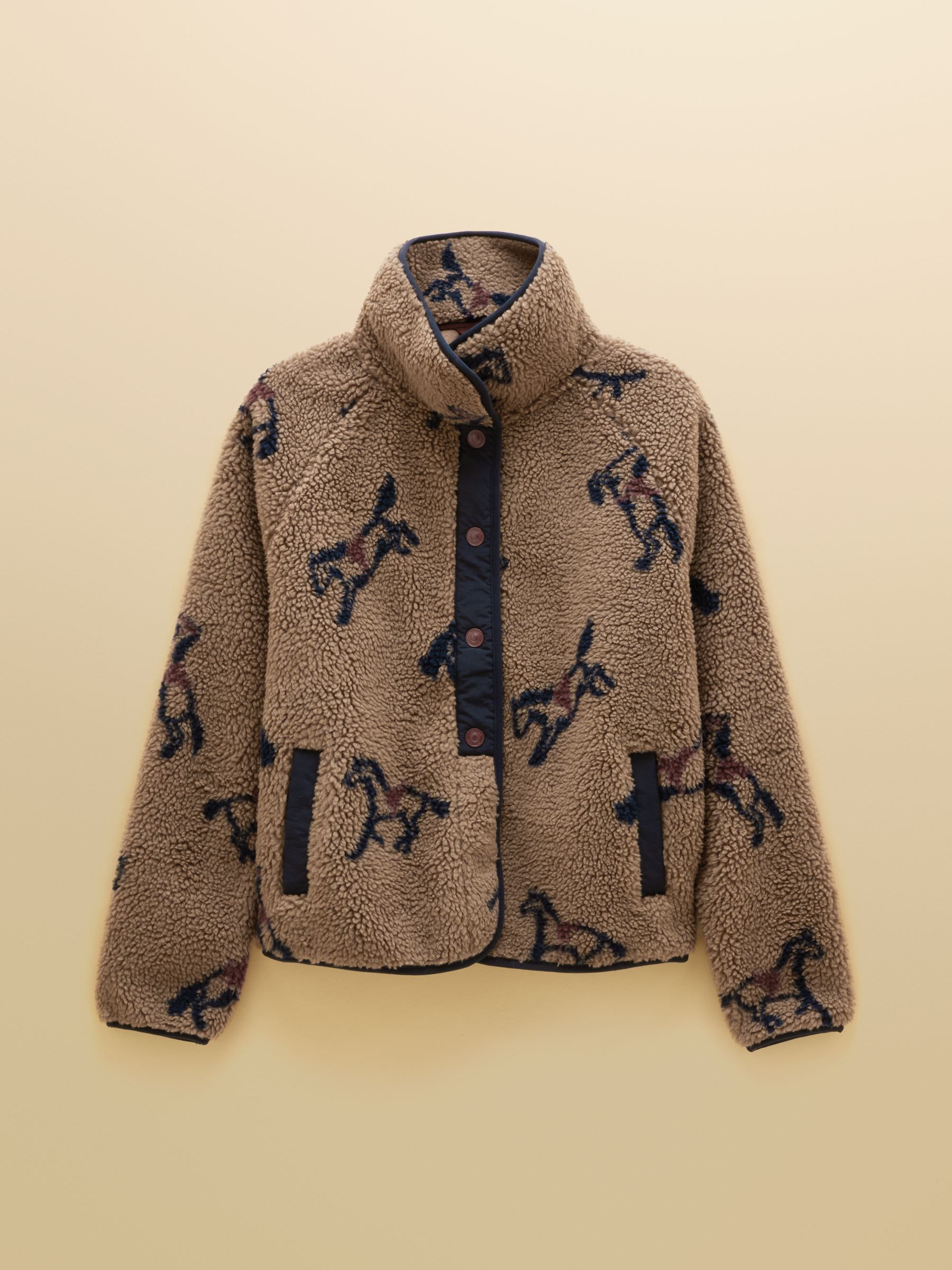 Joules Mink Brown Horse Print Borg Fleece Jacket - Image 9 of 9