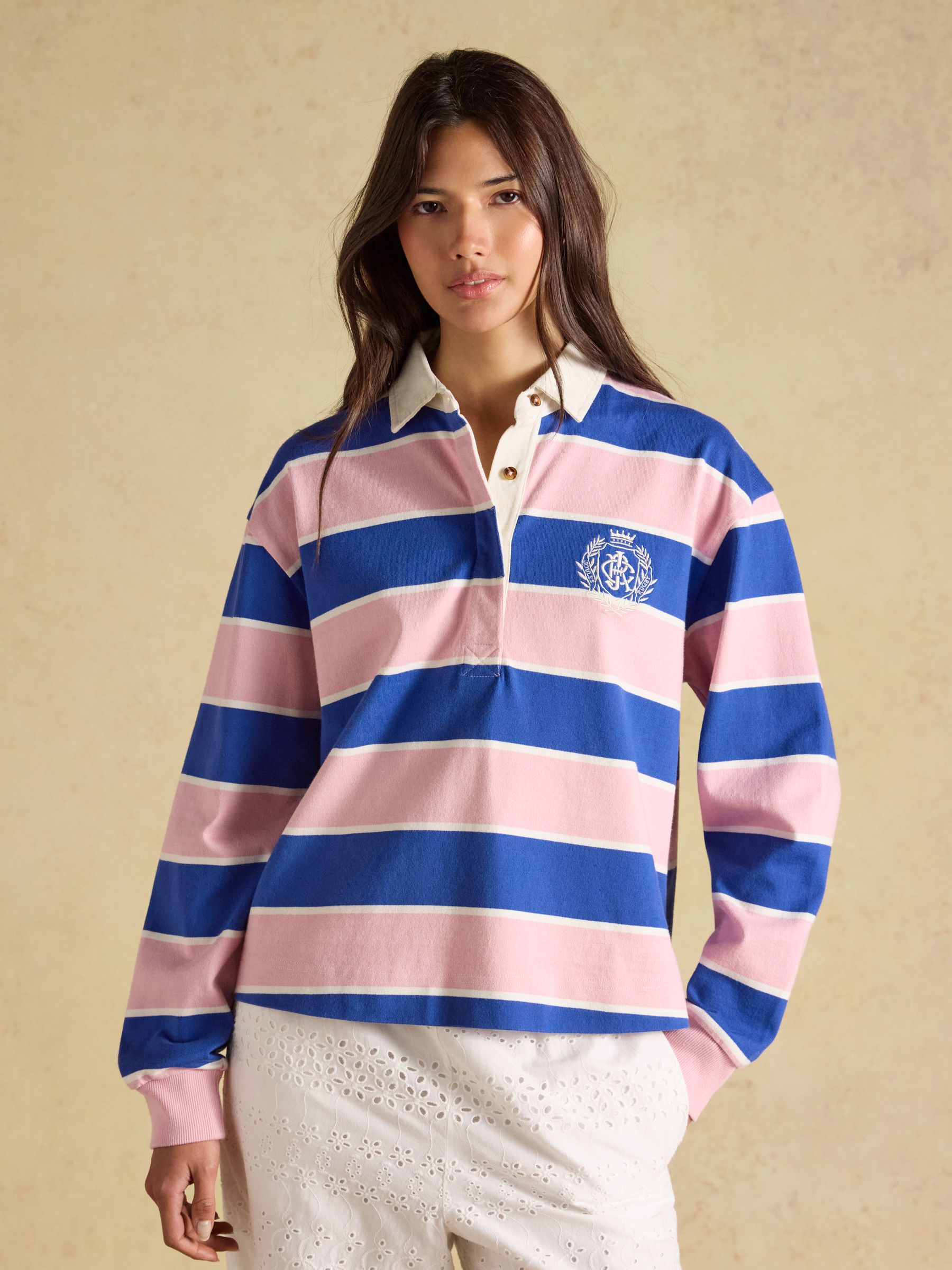 Lara Pink & Blue Striped Cotton Collared Long Sleeve Rugby Shirt - Image 1 of 8 Lara Pink & Blue Striped Cotton Collared Long Sleeve Rugby Shirt - Image 1 of 8