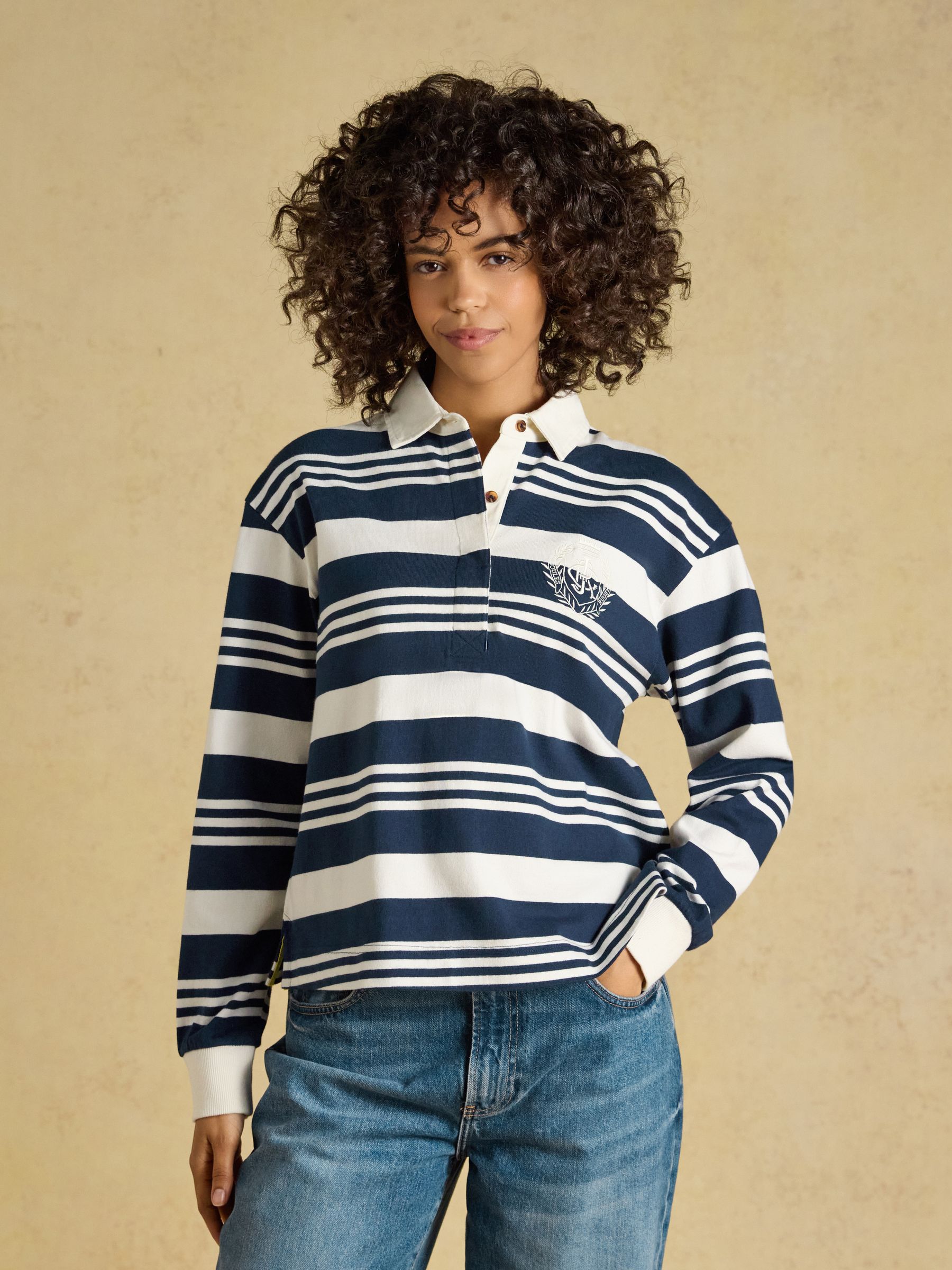 Lara Navy& Cream Stripe Cotton Collared Long Sleeve Rugby Shirt - Image 1 of 7
