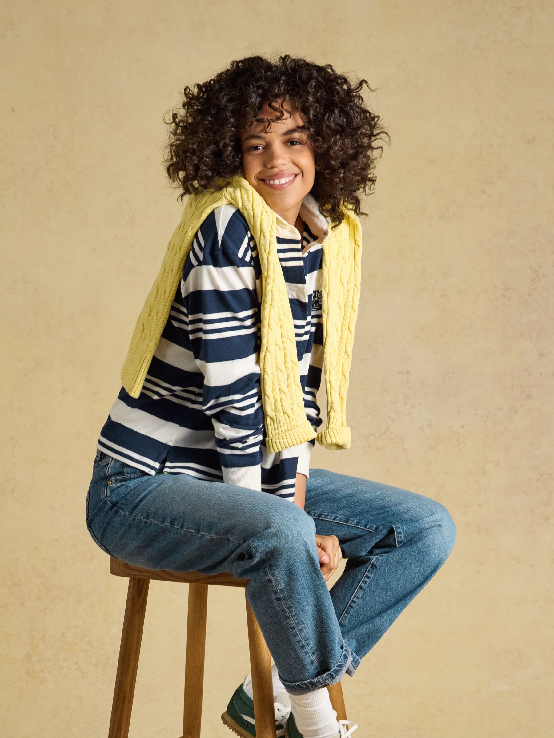 Lara Navy& Cream Stripe Cotton Collared Long Sleeve Rugby Shirt - Image 6 of 7