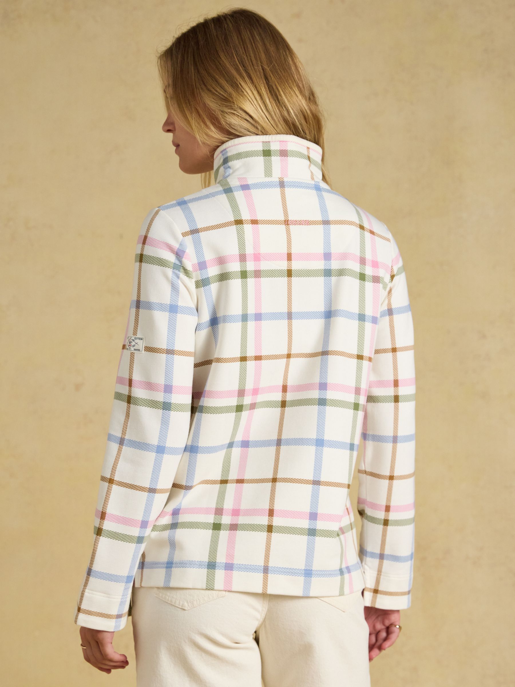 Saunton Cream Madden Check Cotton Blend Sweatshirt with Buttoned Funnel Neck - Image 2 of 8