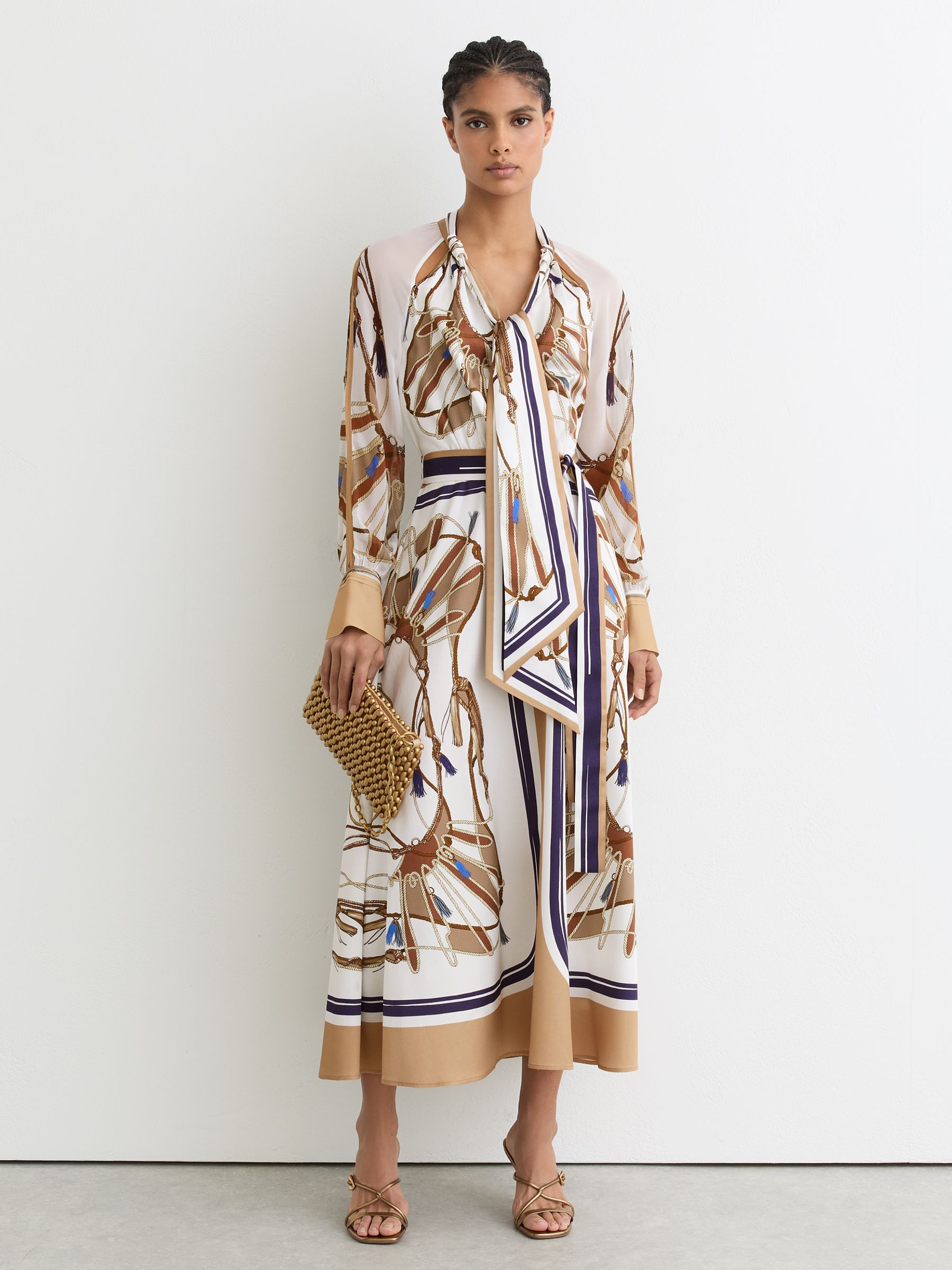 Petite Foulard-Print Tie-Neck Midi Dress in Ivory/Neutral - Image 1 of 10