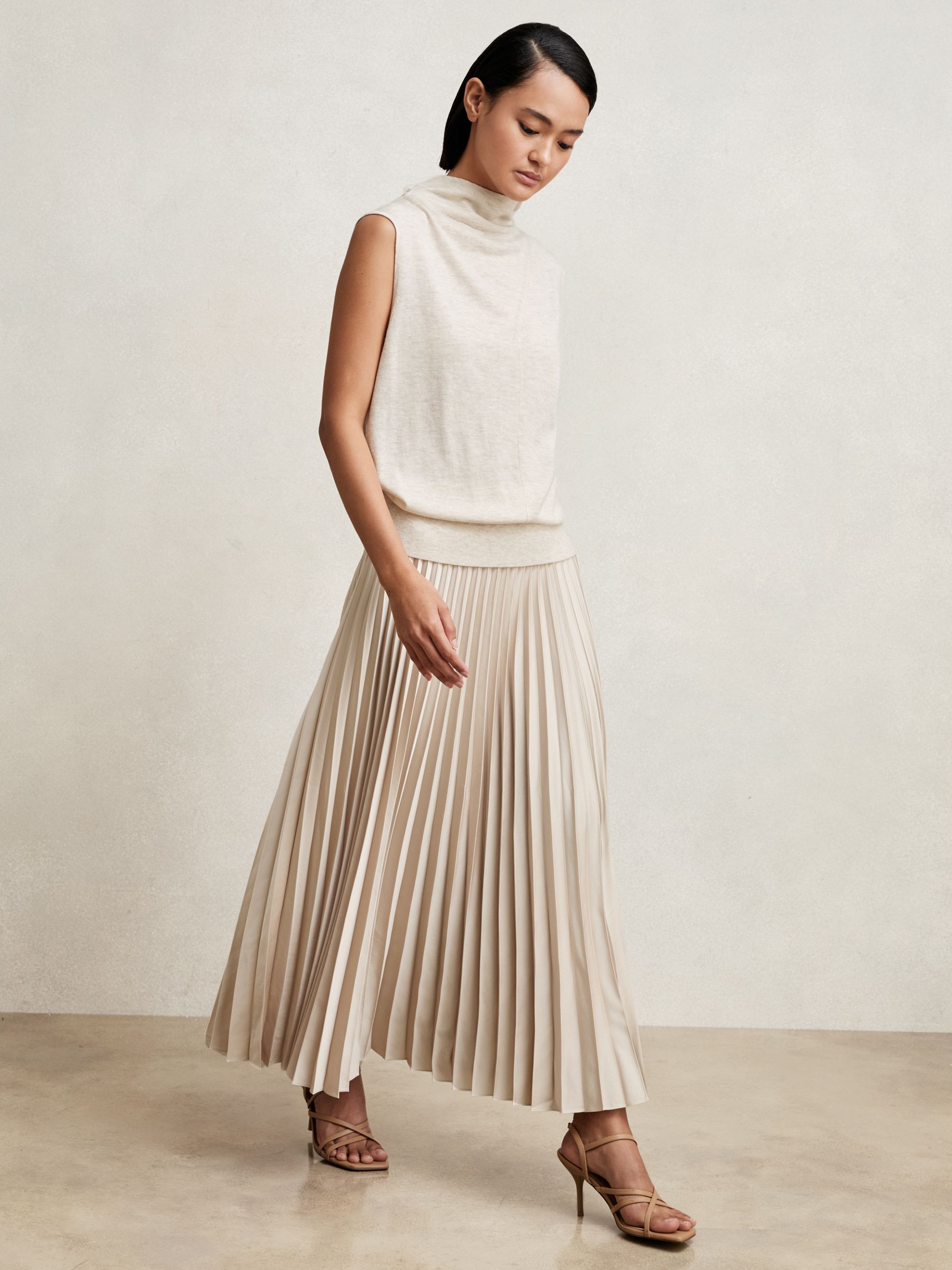 Petite Pleated Midi Skirt in Champagne Neutral - Image 1 of 6