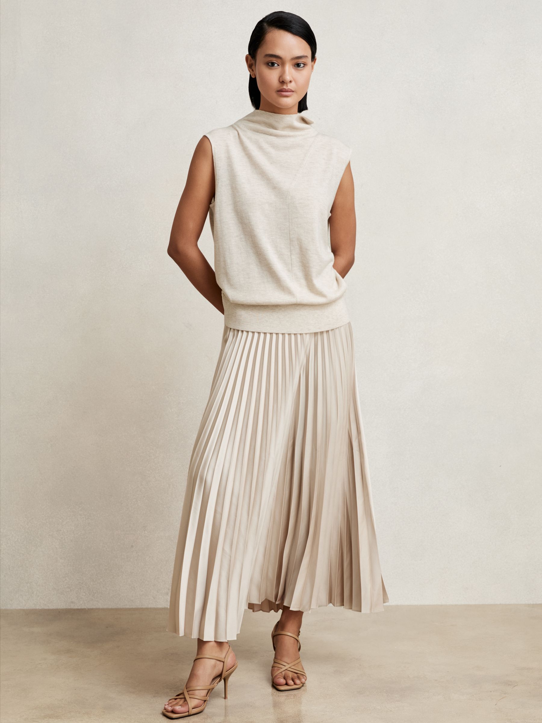 Petite Pleated Midi Skirt in Champagne Neutral - image 4