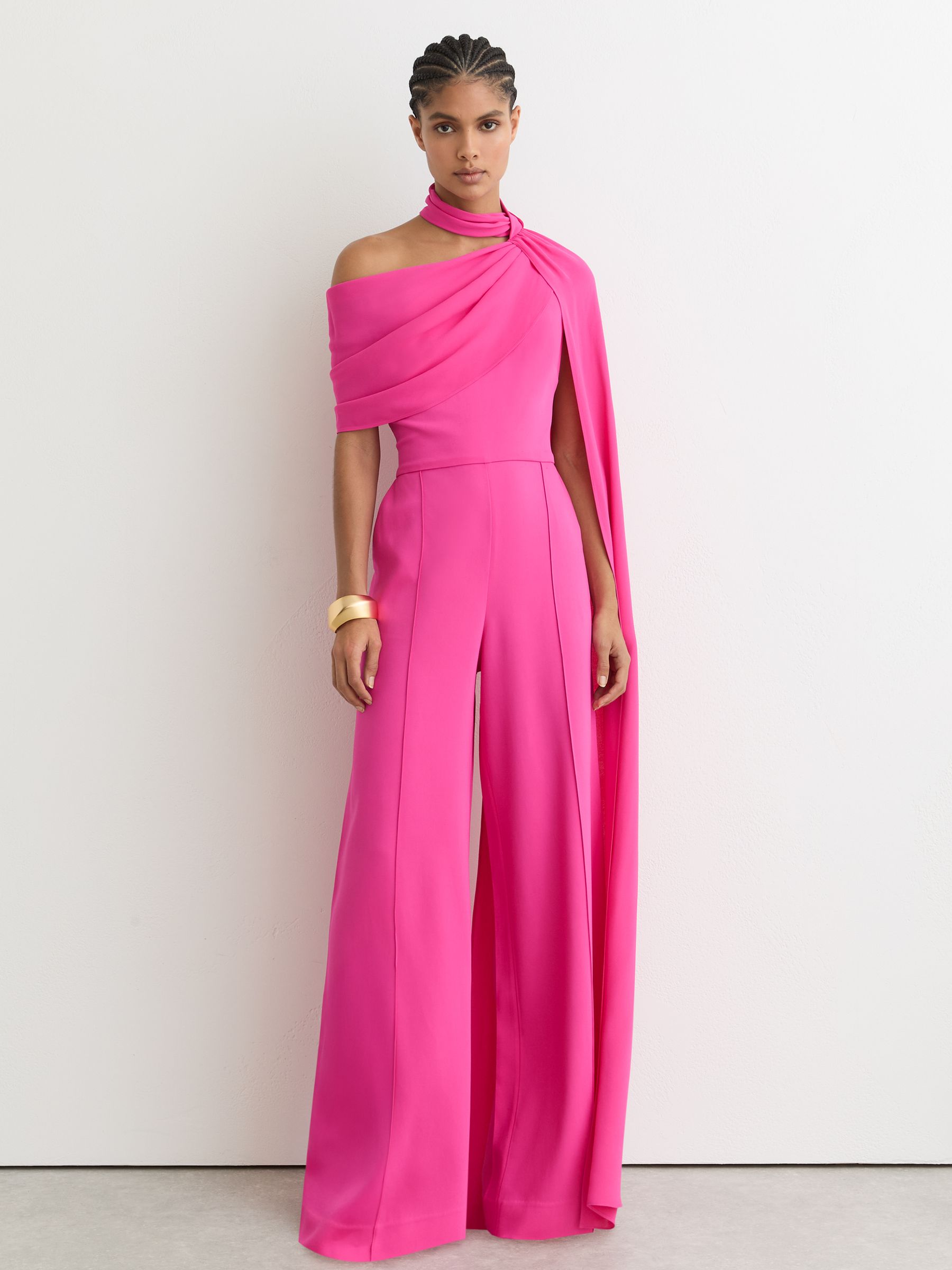 One-Shoulder Drape Wide-Leg Jumpsuit in Raspberry Pink - Image 1 of 8