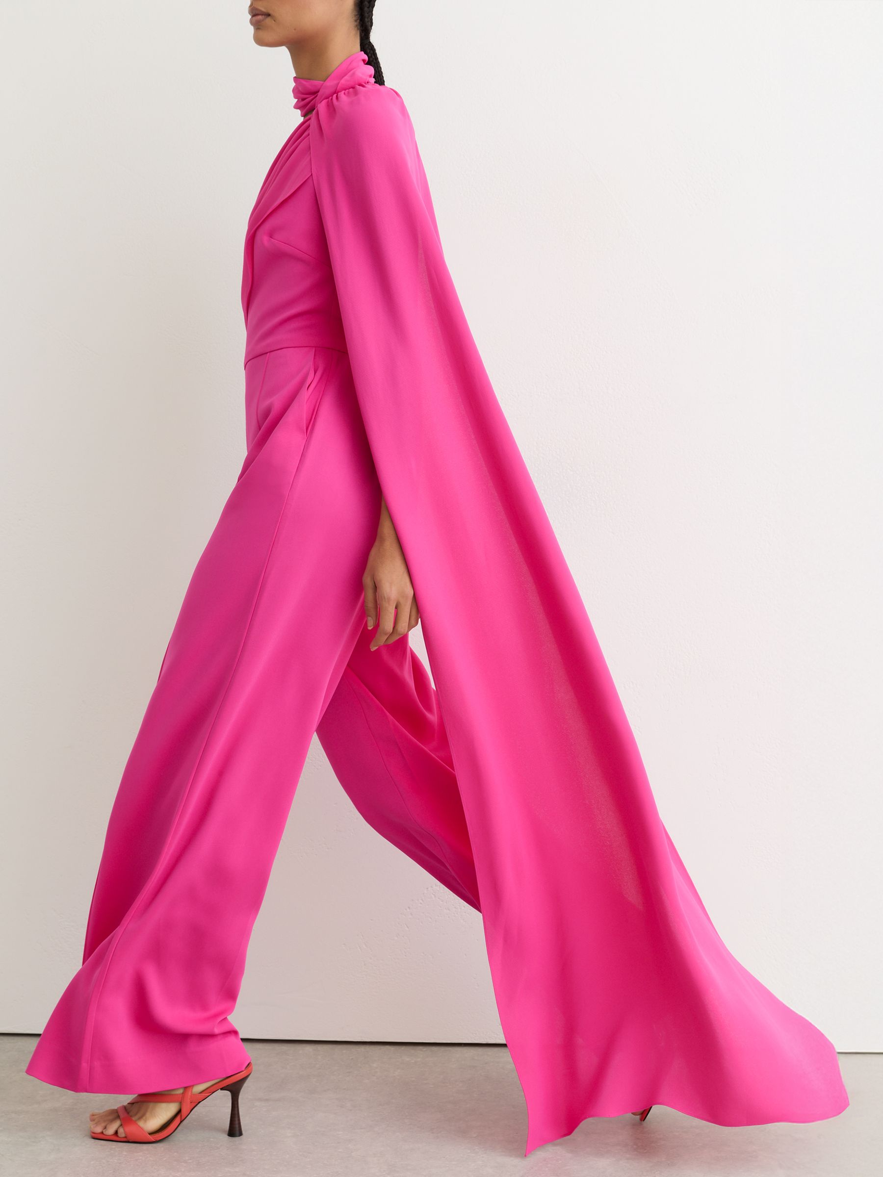 One-Shoulder Drape Wide-Leg Jumpsuit in Raspberry Pink - Image 4 of 8