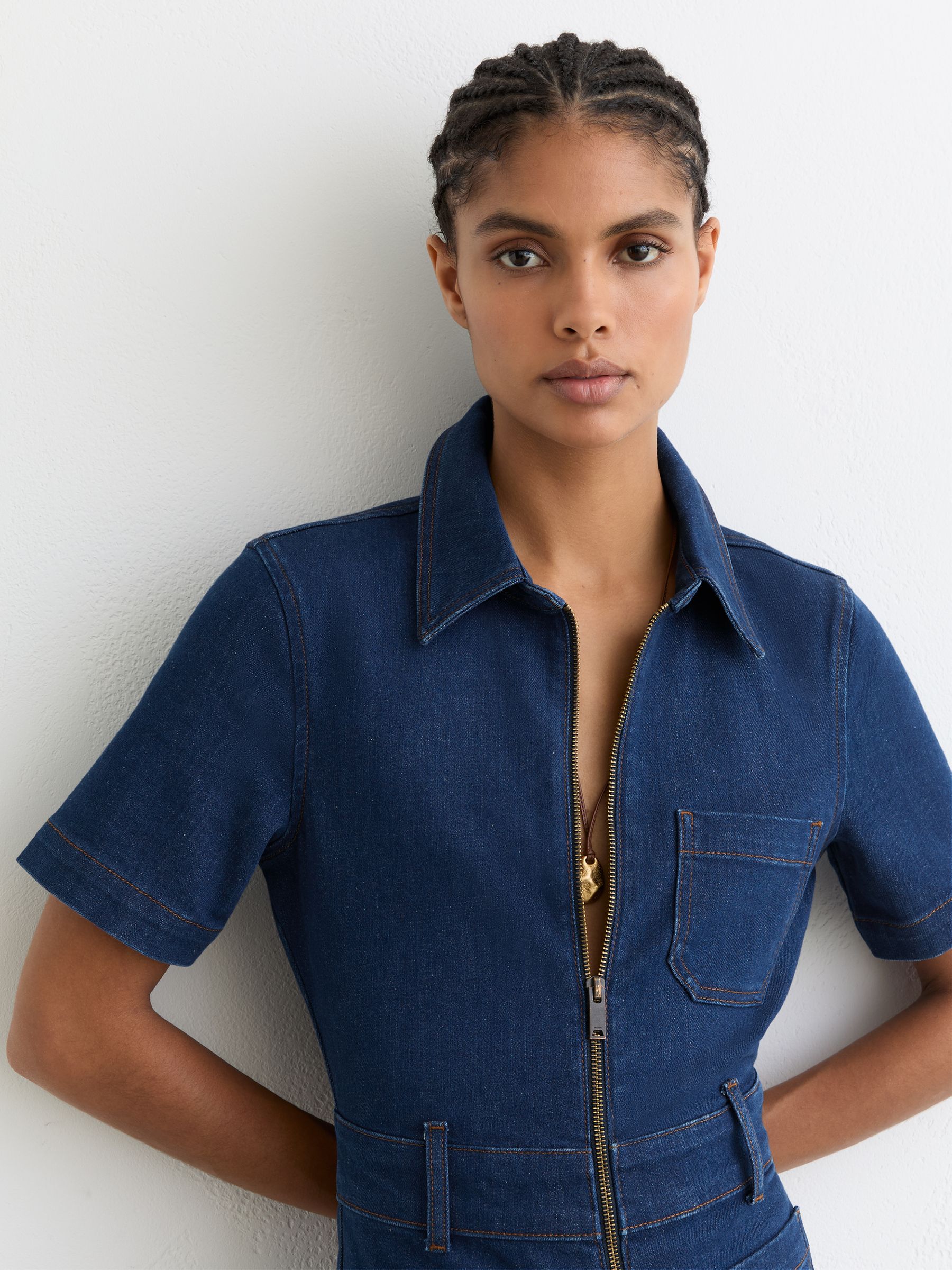 Wide-Leg Zip-Through Denim Jumpsuit in Indigo Blue - Image 3 of 7