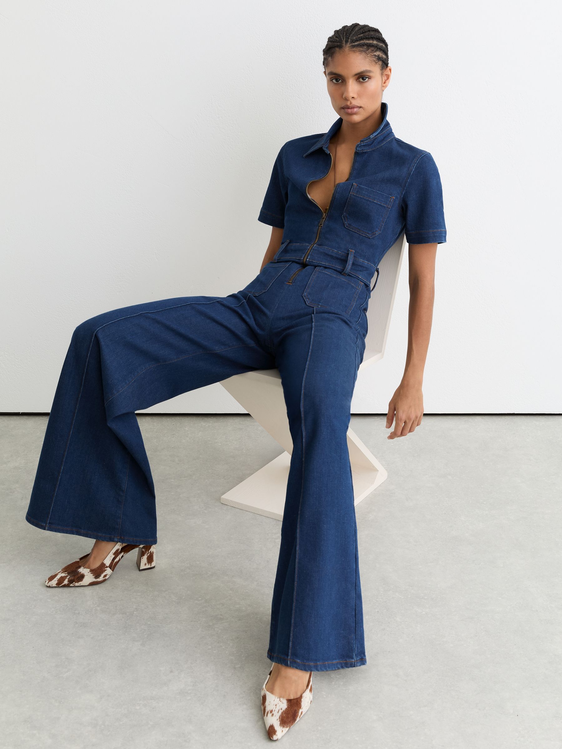 Wide-Leg Zip-Through Denim Jumpsuit in Indigo Blue - Image 4 of 7