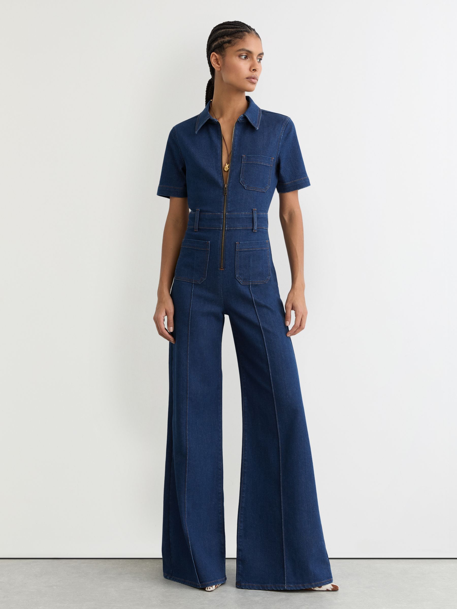 Wide-Leg Zip-Through Denim Jumpsuit in Indigo Blue - Image 5 of 7