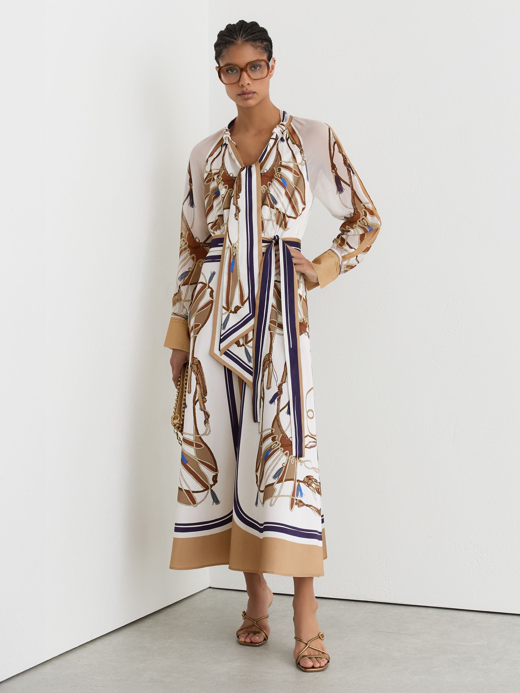 Foulard-Print Tie-Neck Midi Dress in Ivory/Neutral - image 4