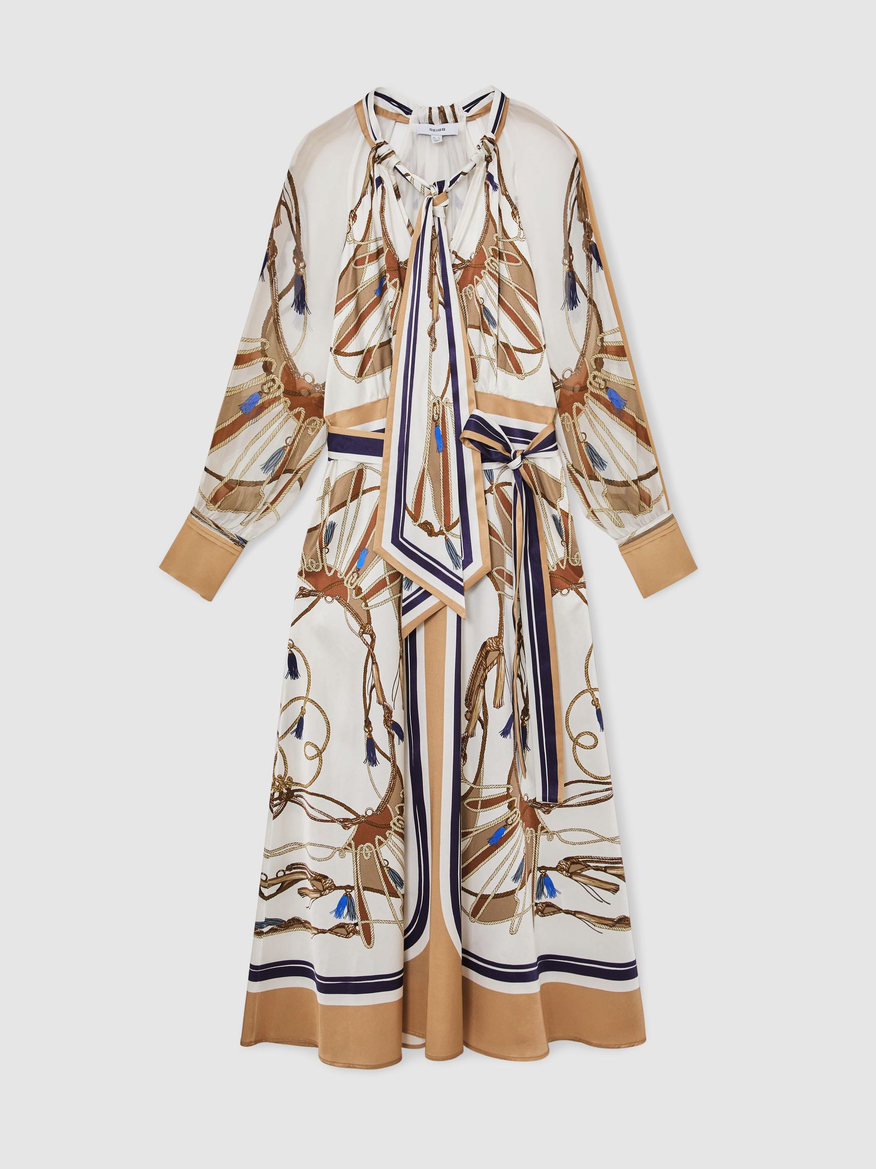 Foulard-Print Tie-Neck Midi Dress in Ivory/Neutral - Image 2 of 9