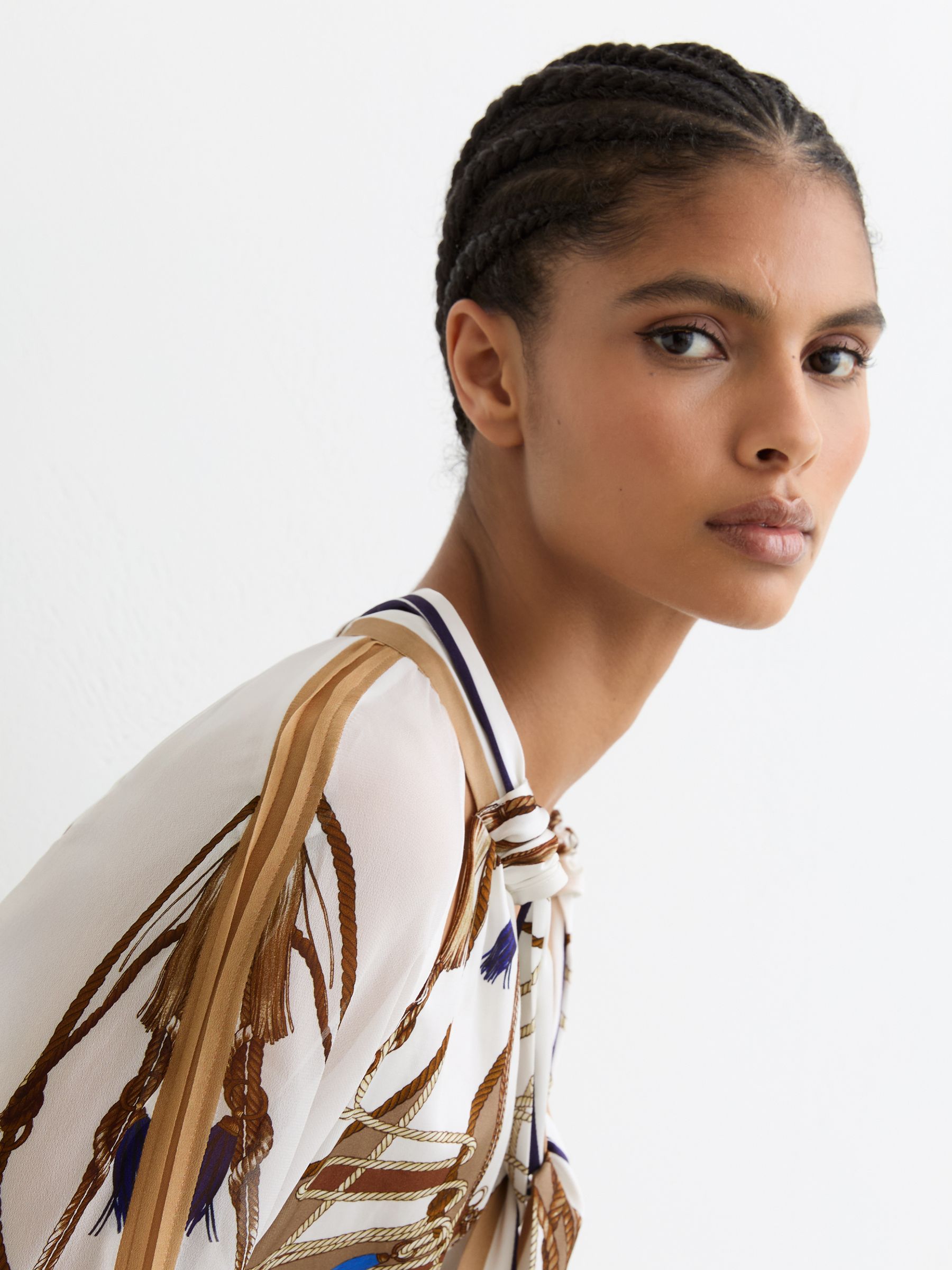 Foulard-Print Tie-Neck Midi Dress in Ivory/Neutral - Image 3 of 9