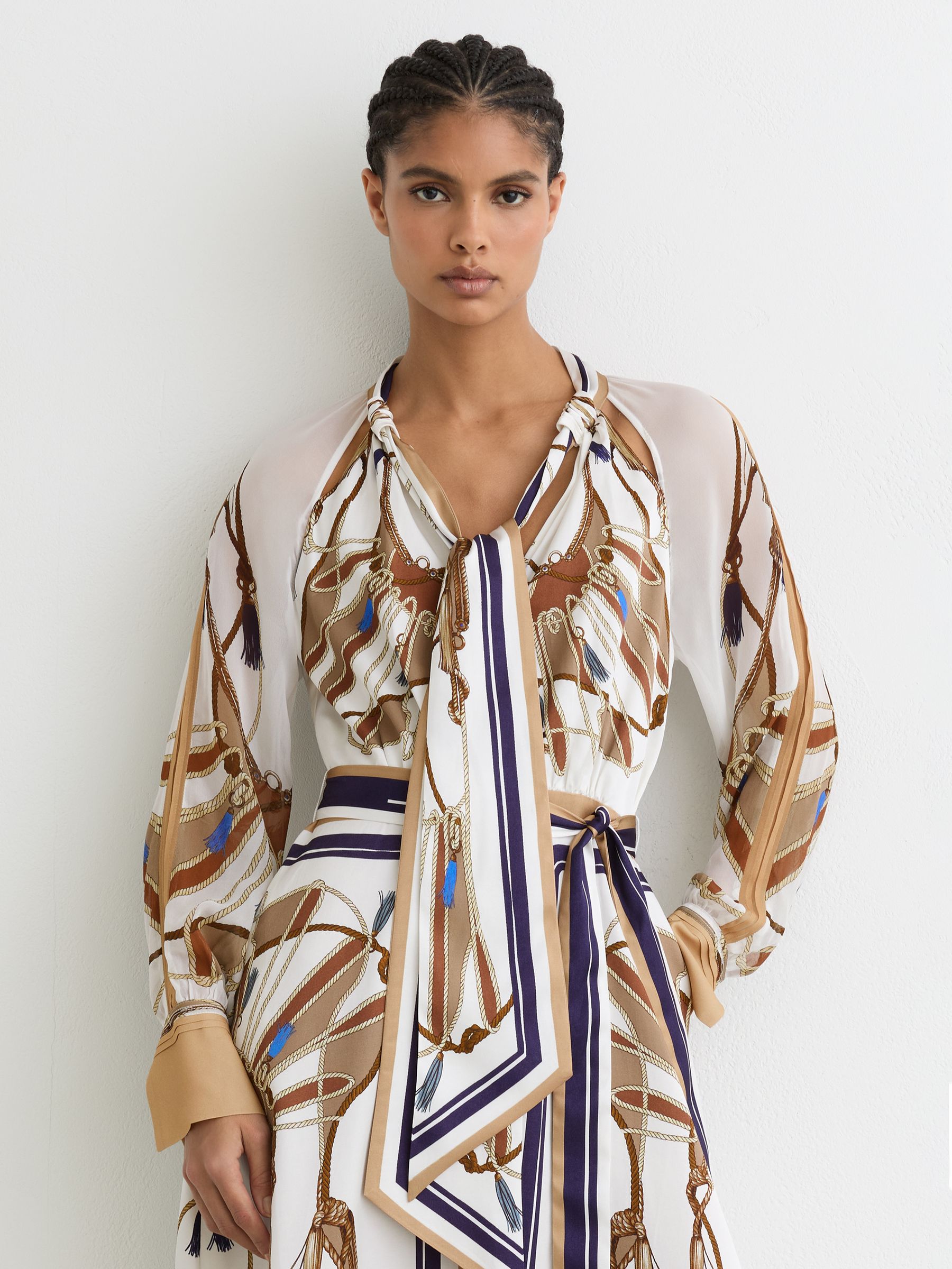 Foulard-Print Tie-Neck Midi Dress in Ivory/Neutral - Image 4 of 9