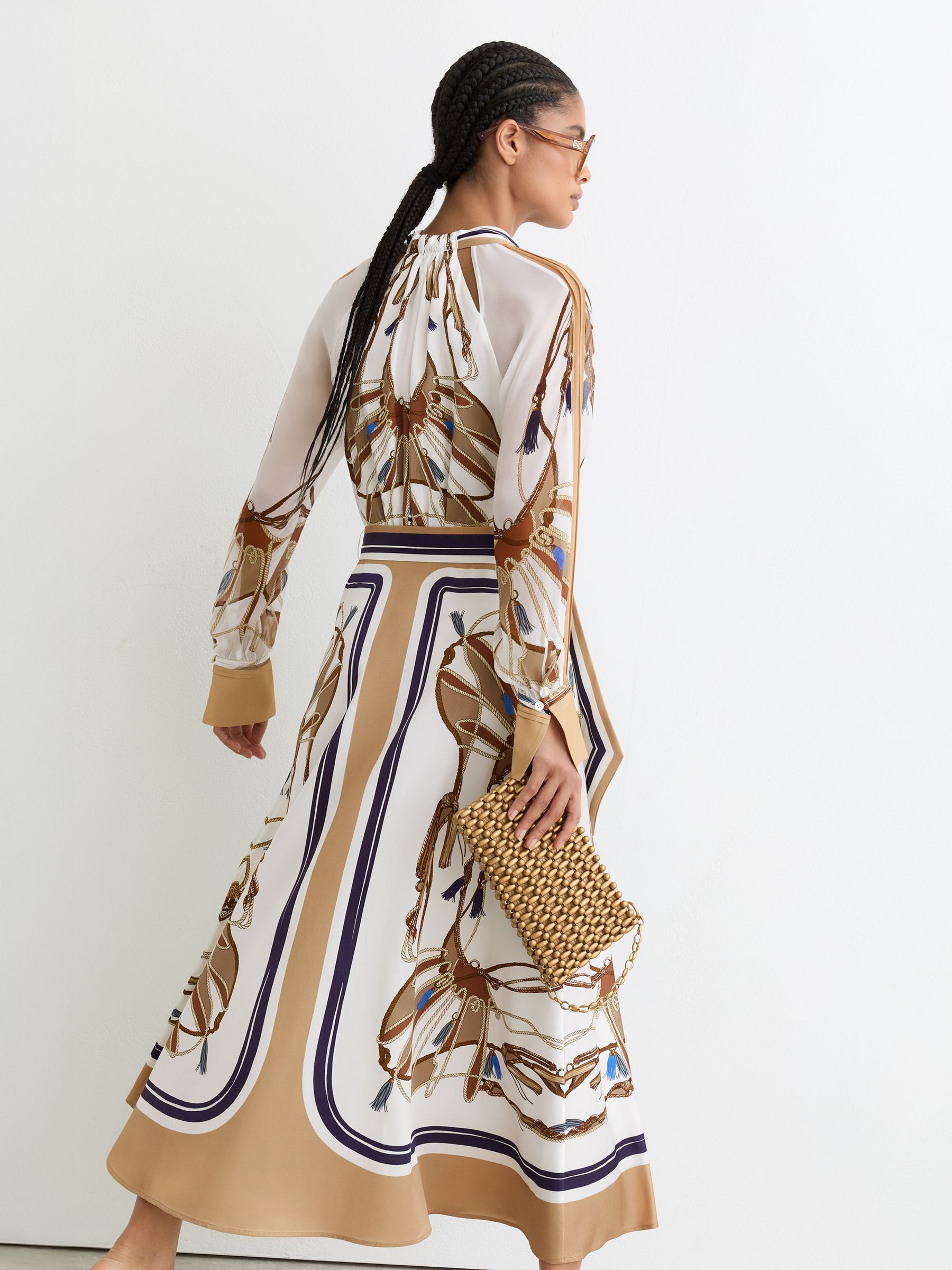 Foulard-Print Tie-Neck Midi Dress in Ivory/Neutral - Image 6 of 9