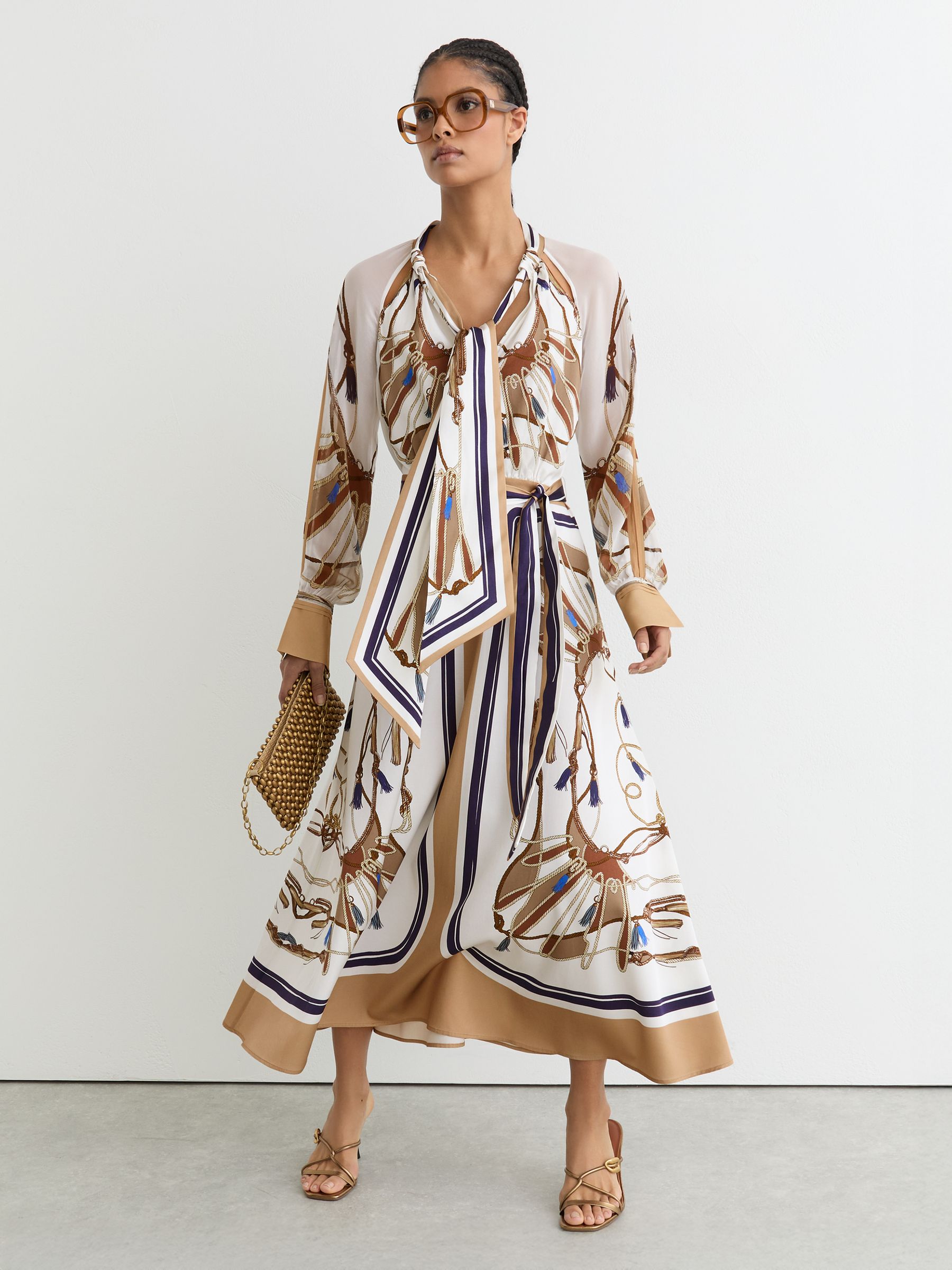 Foulard-Print Tie-Neck Midi Dress in Ivory/Neutral - Image 7 of 9