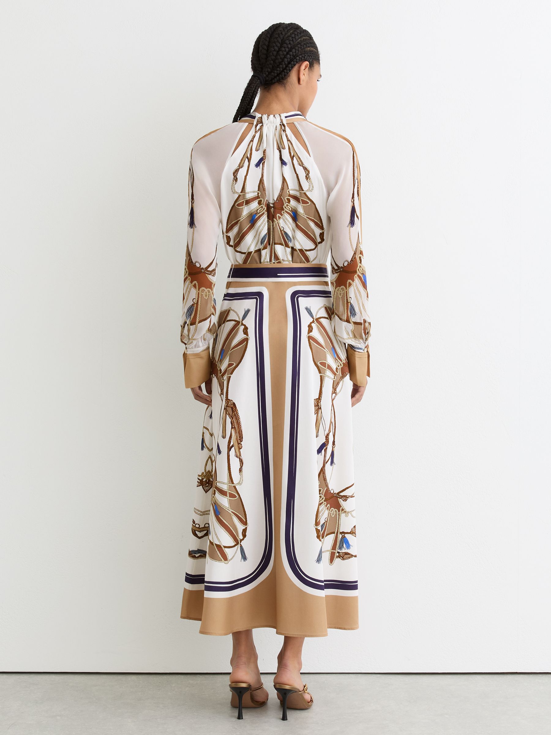 Foulard-Print Tie-Neck Midi Dress in Ivory/Neutral - Image 8 of 9