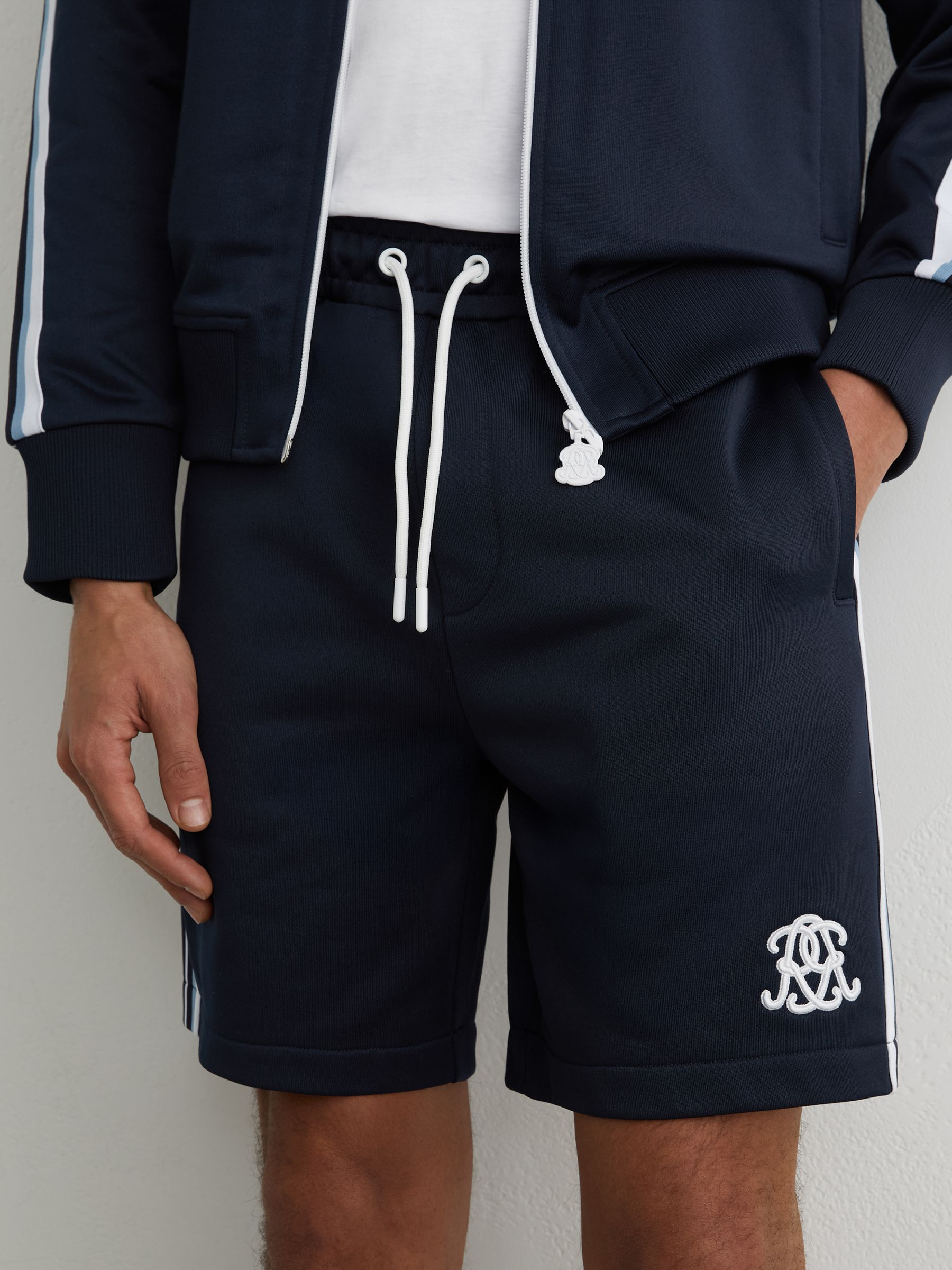 Monogram Tape-Detail Relaxed Shorts in Navy - Image 1 of 6 Monogram Tape-Detail Relaxed Shorts in Navy - Image 1 of 6