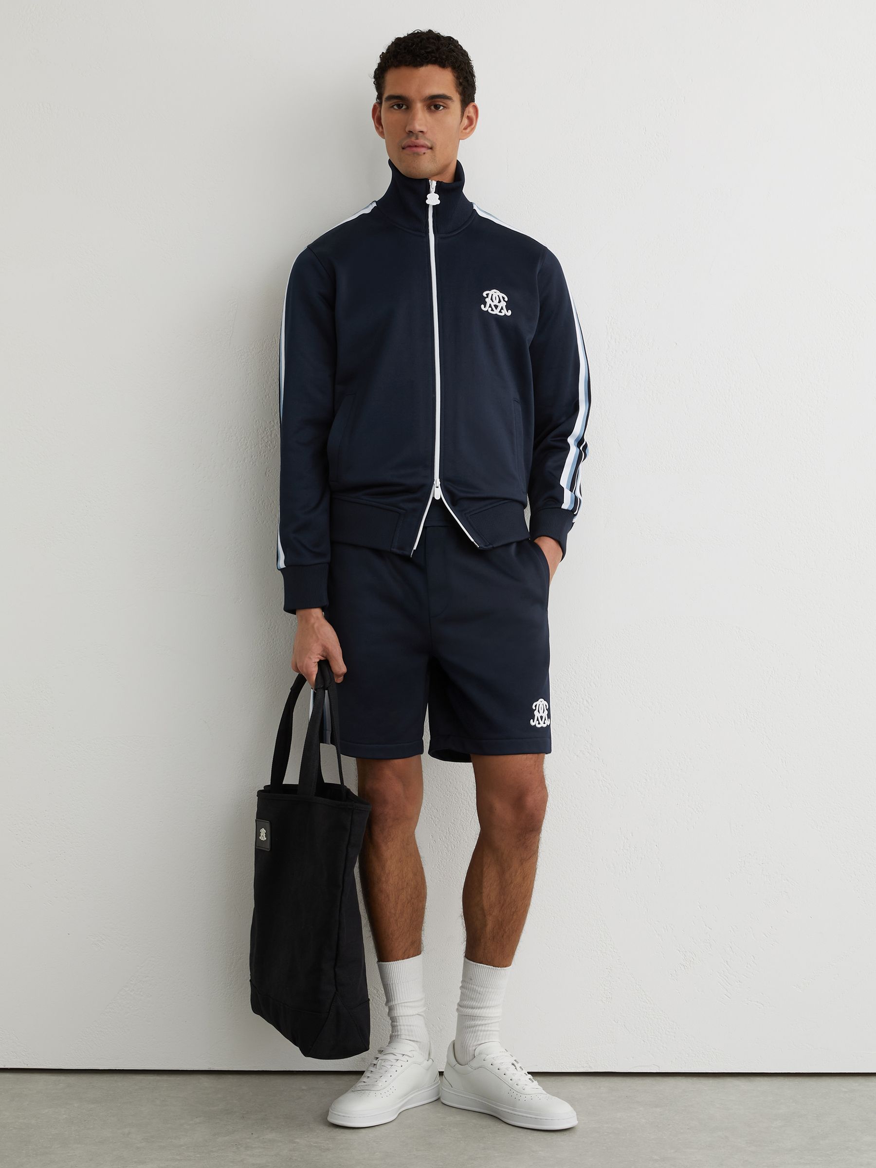 Monogram Tape-Detail Relaxed Shorts in Navy - Image 3 of 6