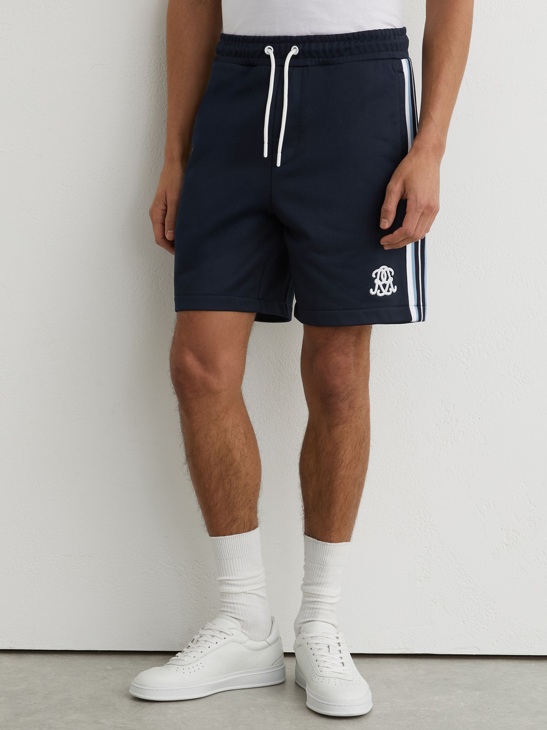 Monogram Tape-Detail Relaxed Shorts in Navy - Image 4 of 6