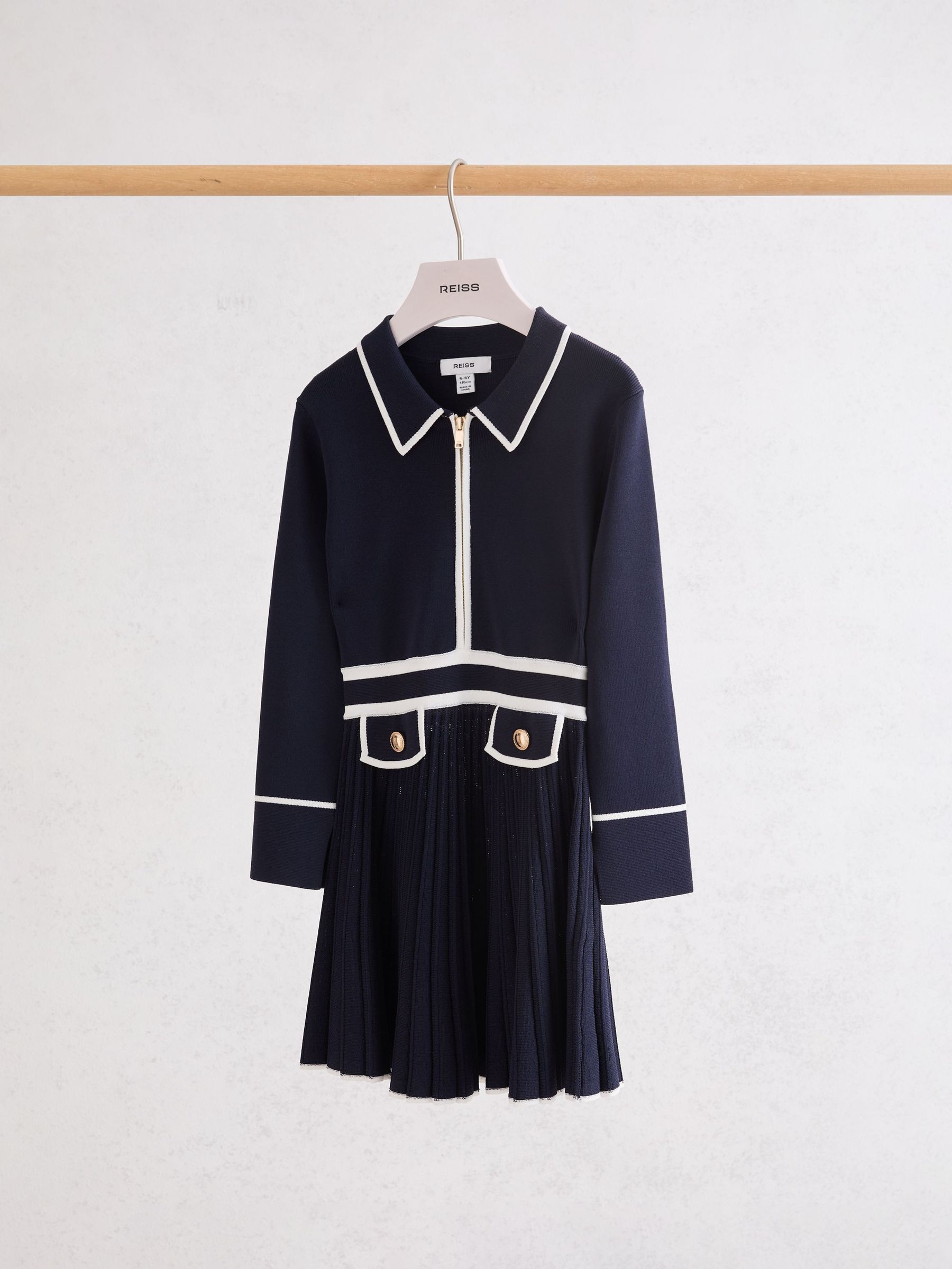Pleated Tipped Knit Dress in Navy - Image 1 of 3