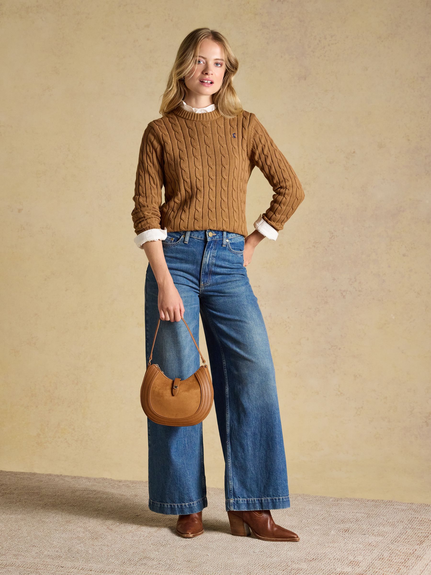 Camel Classic Crew Neck Cotton Cable Knit Jumper - Image 3 of 8