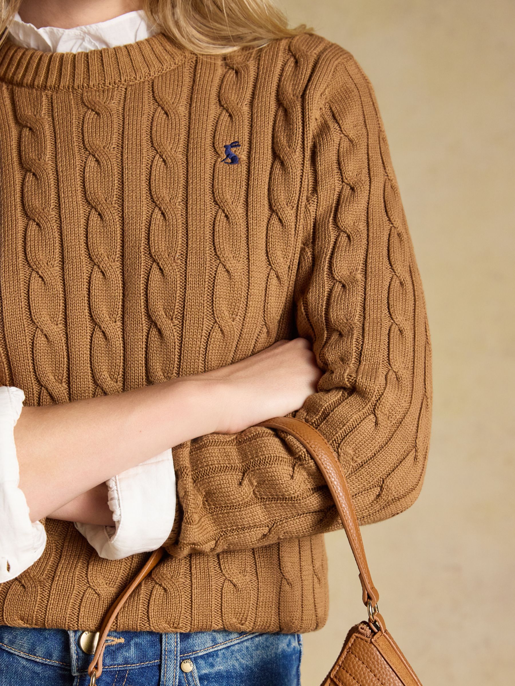 Camel Classic Crew Neck Cotton Cable Knit Jumper - Image 4 of 8