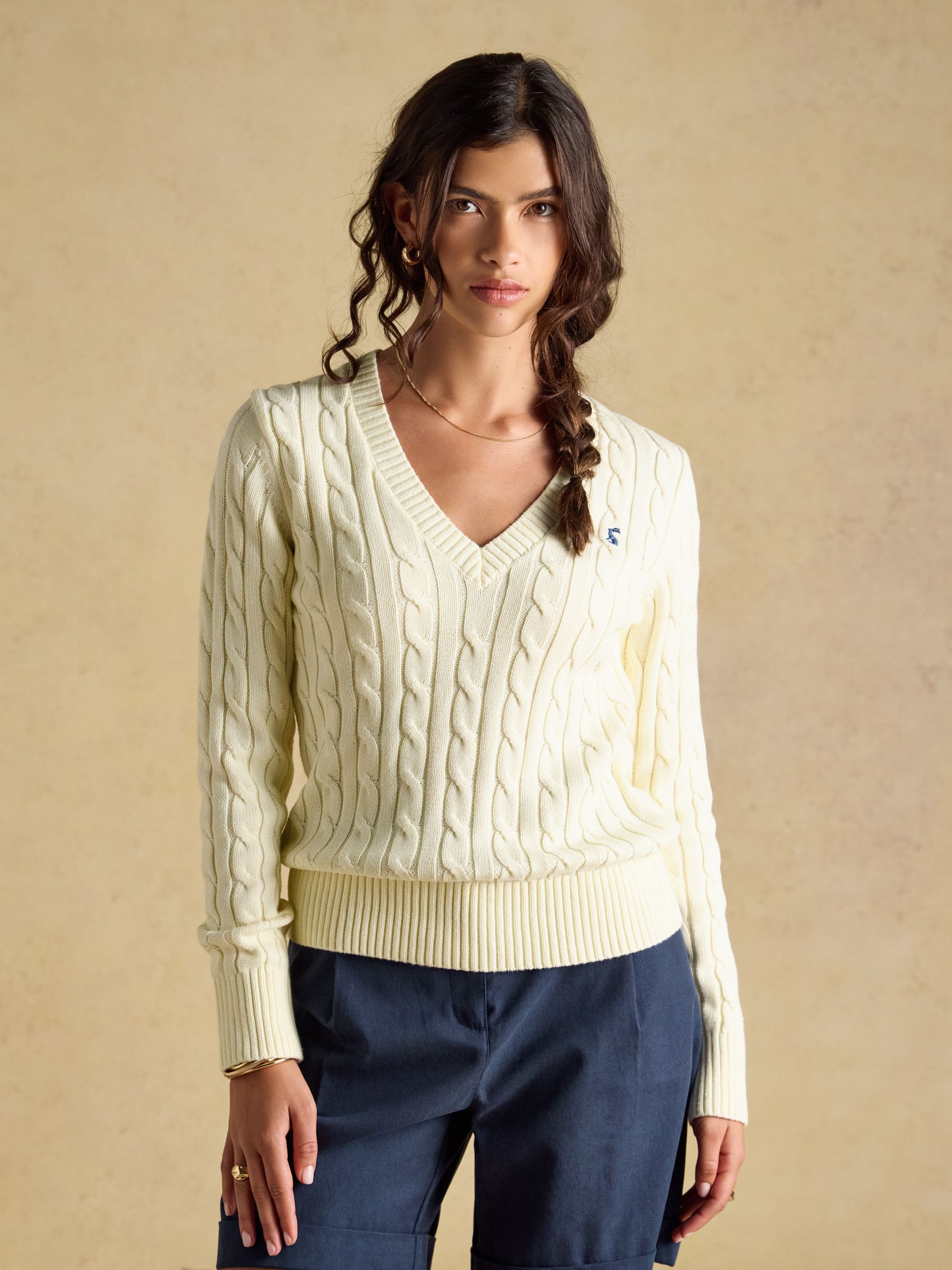 Cream Classic V-Neck Cotton Cable Knit Jumper - Image 1 of 8 Cream Classic V-Neck Cotton Cable Knit Jumper - Image 1 of 8