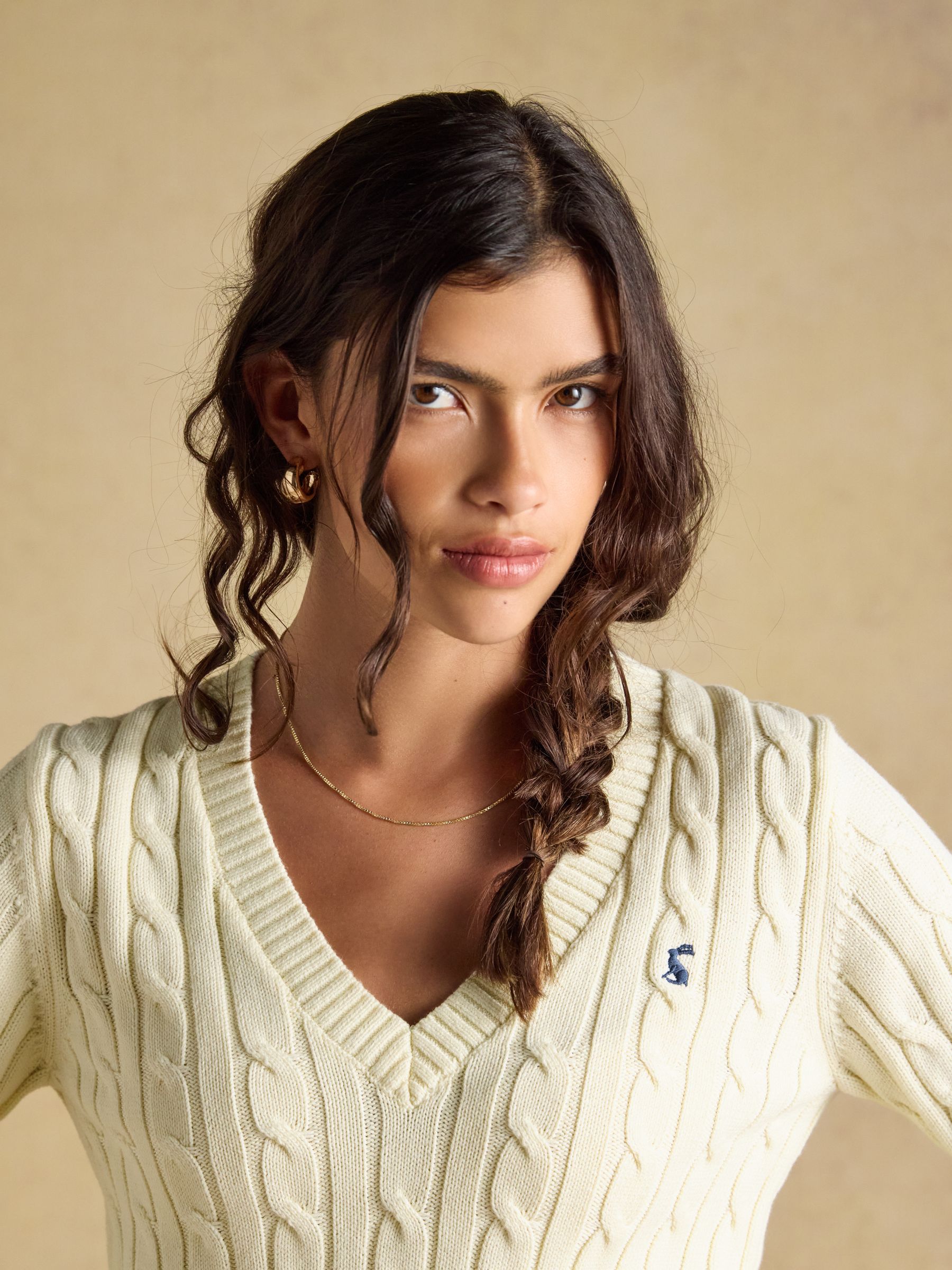 Cream Classic V-Neck Cotton Cable Knit Jumper - Image 4 of 8