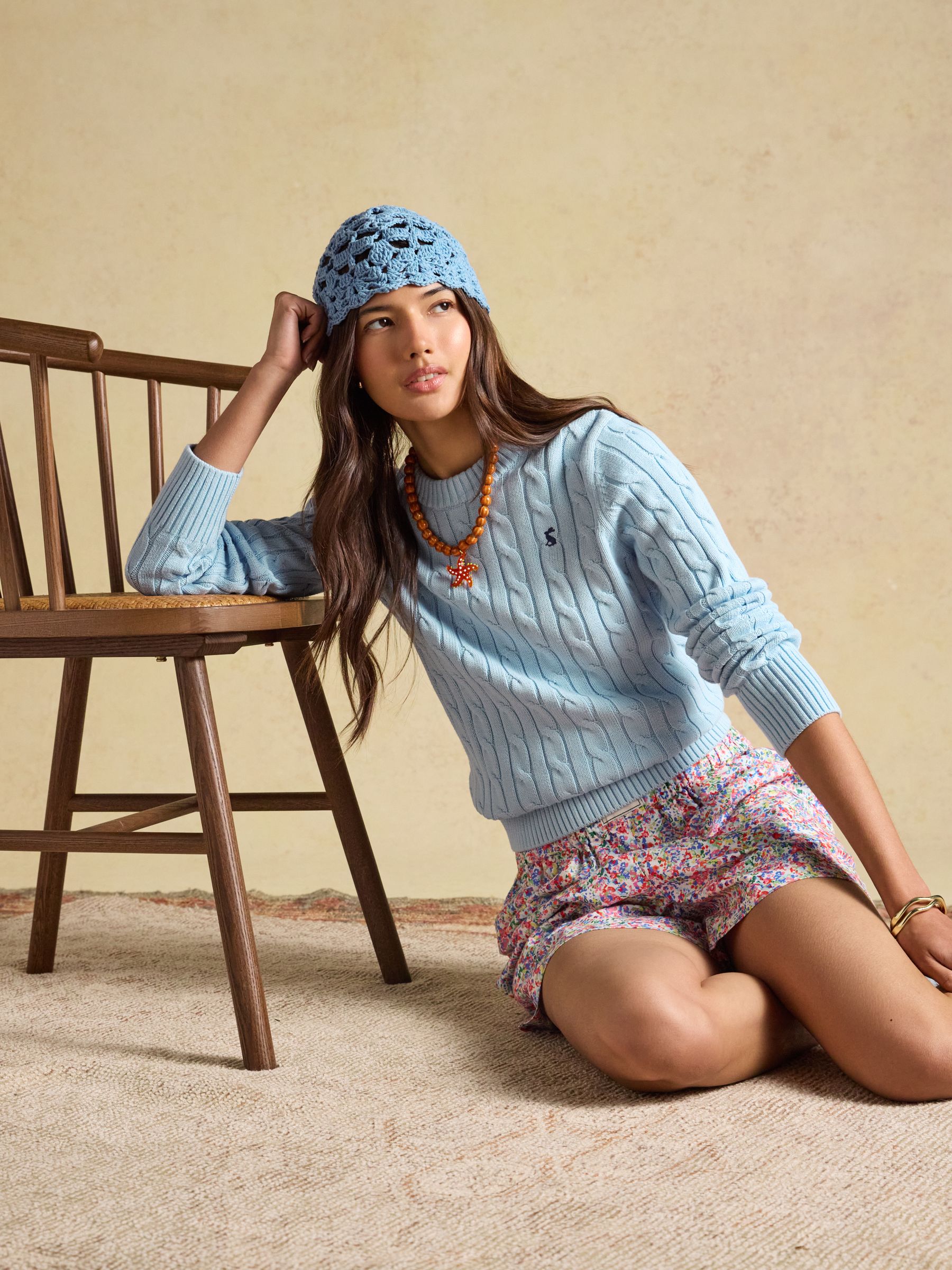 Light Blue Classic Crew Neck Cotton Cable Knit Jumper - Image 4 of 7