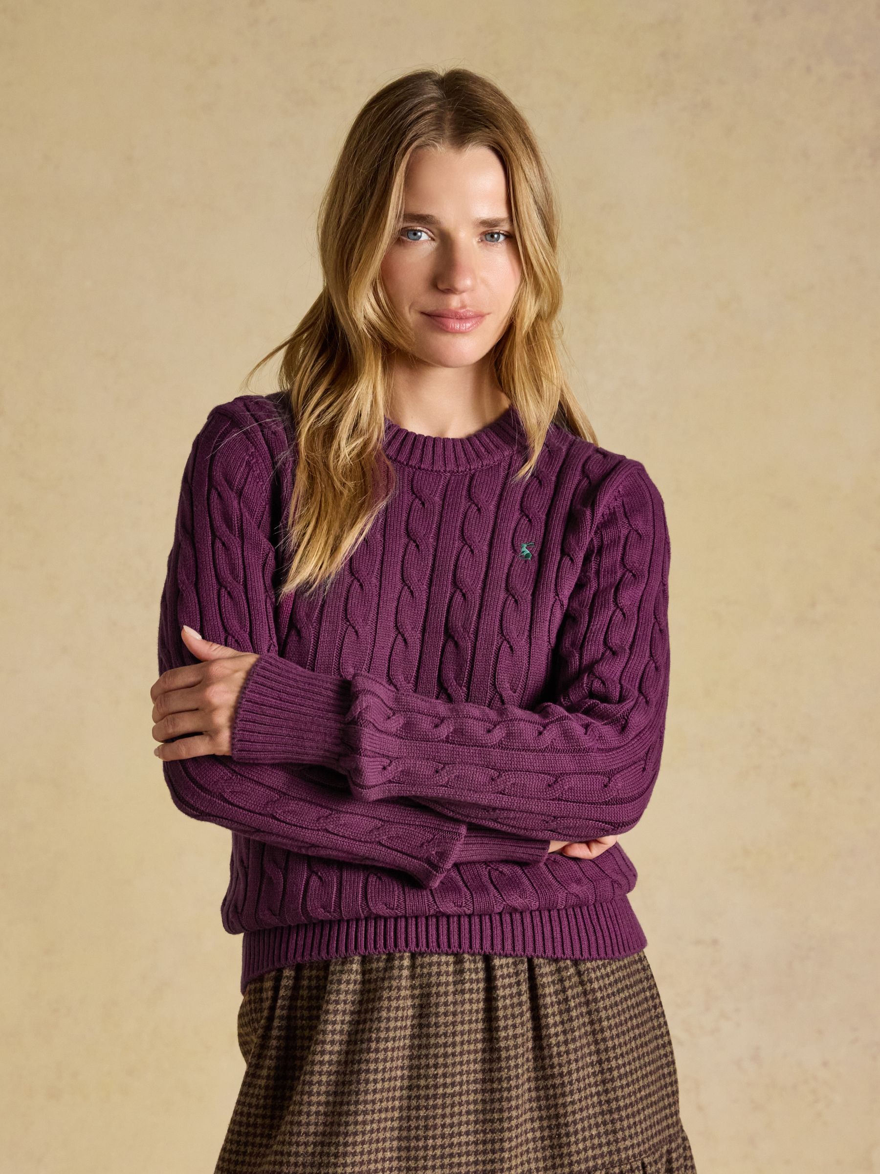 Purple Berry Classic Crew Neck Cotton Cable Knit Jumper - Image 1 of 7