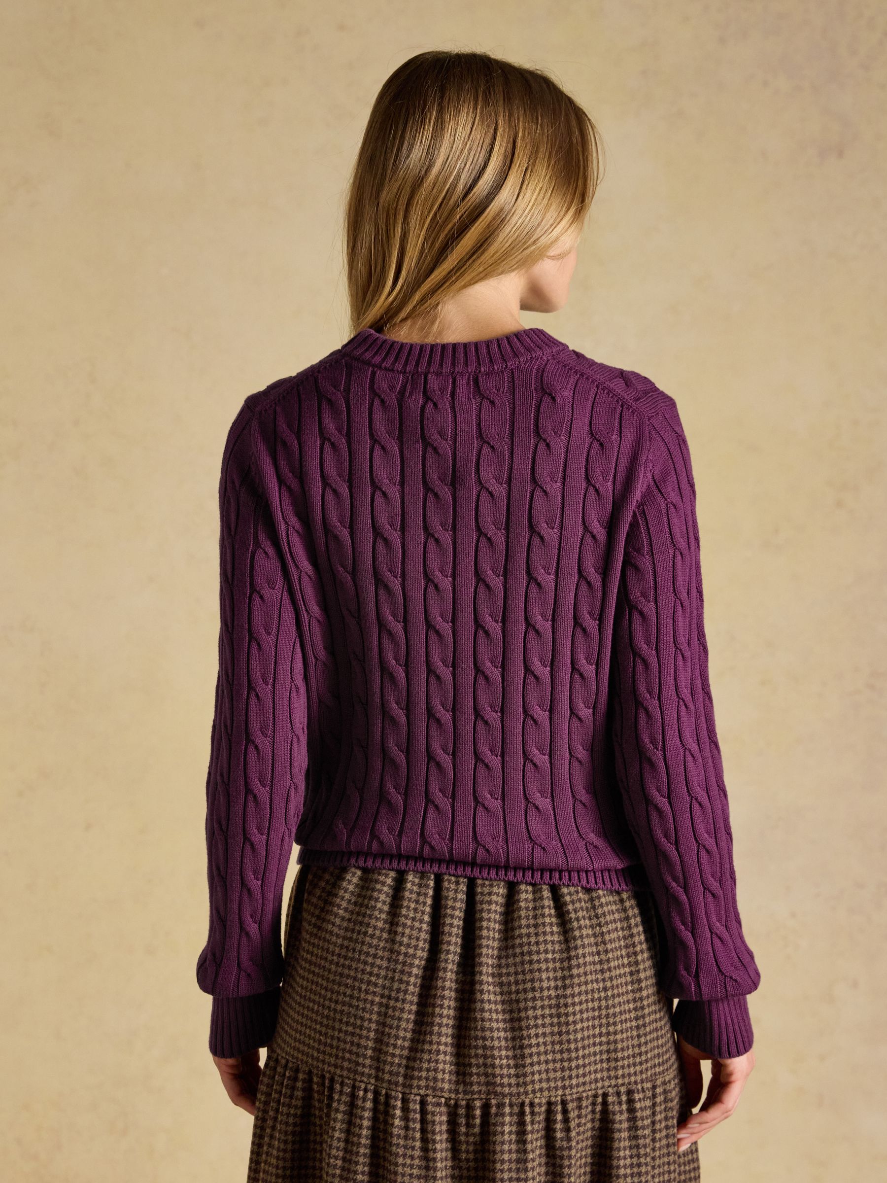Purple Berry Classic Crew Neck Cotton Cable Knit Jumper - Image 2 of 7 Purple Berry Classic Crew Neck Cotton Cable Knit Jumper - Image 2 of 7