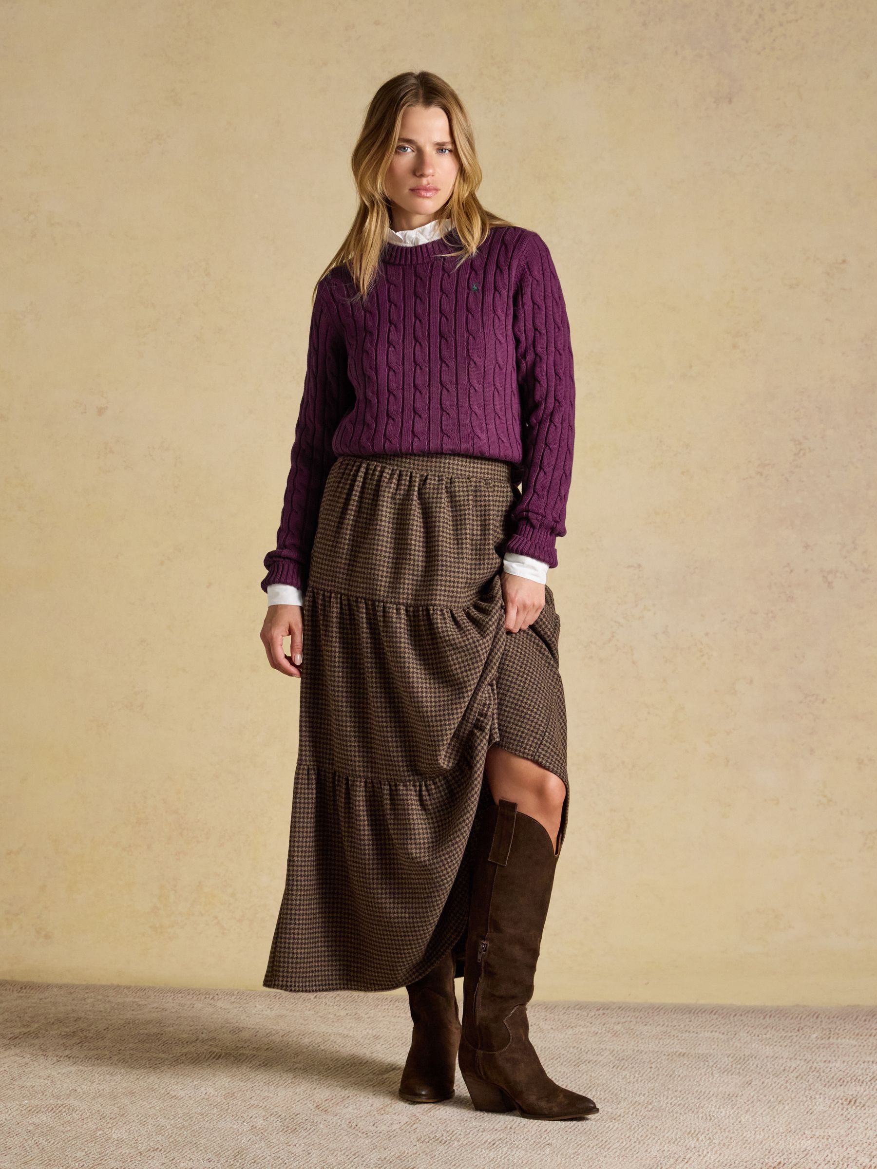 Purple Berry Classic Crew Neck Cotton Cable Knit Jumper - Image 3 of 7